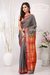 Slate grey zari border bomkai silk saree gray saree red gold border 1