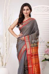 Slate grey zari border bomkai silk saree gray saree red gold border 2