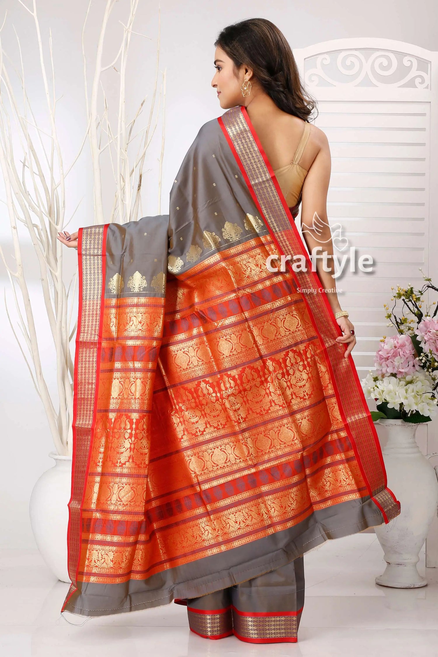 Slate grey zari border bomkai silk saree gray red silk saree 4