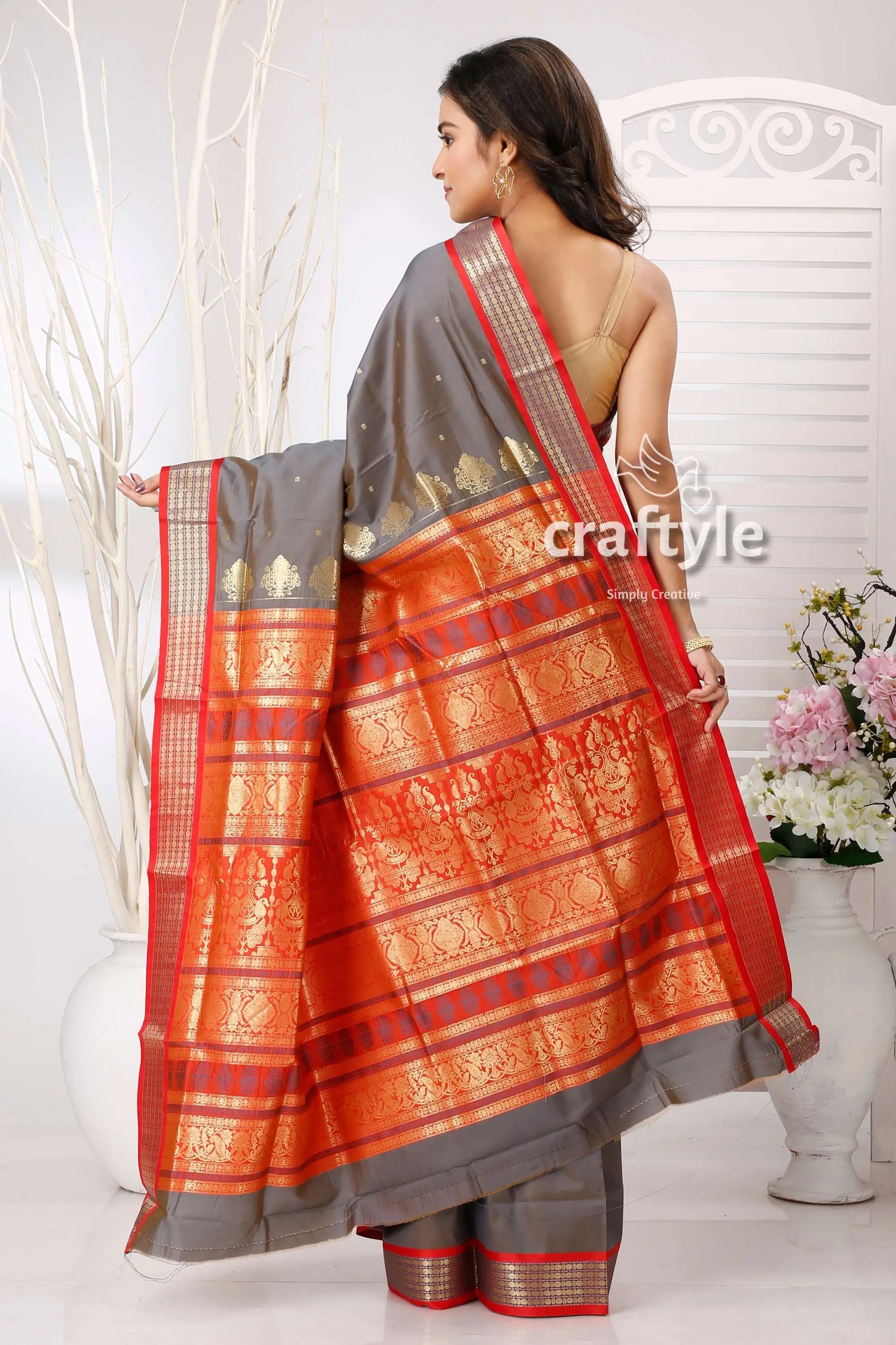 Slate grey zari border bomkai silk saree gray red silk saree 4