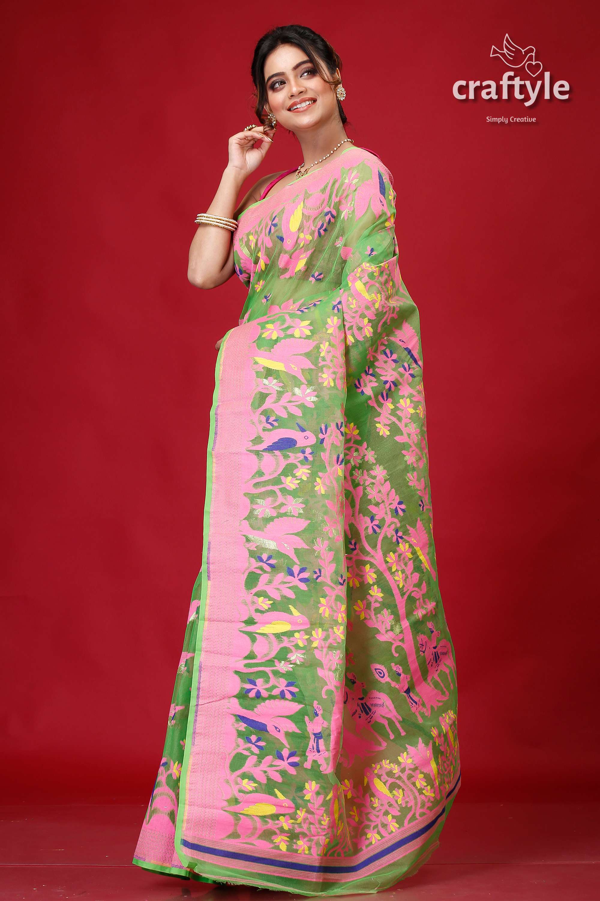 Slimy Green Bengal Jamdani Saree-Craftyle