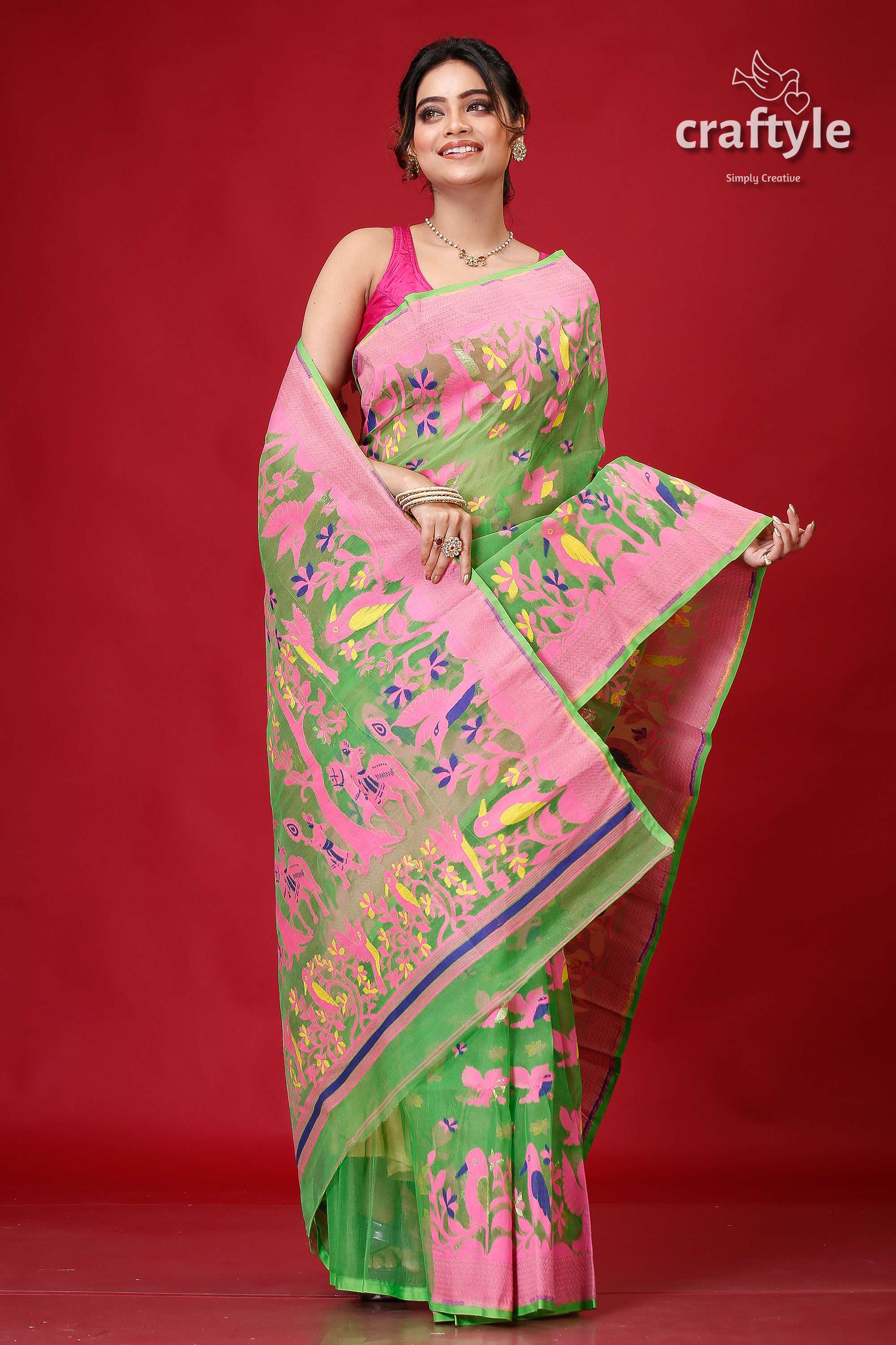 Slimy Green Bengal Jamdani Saree-Craftyle