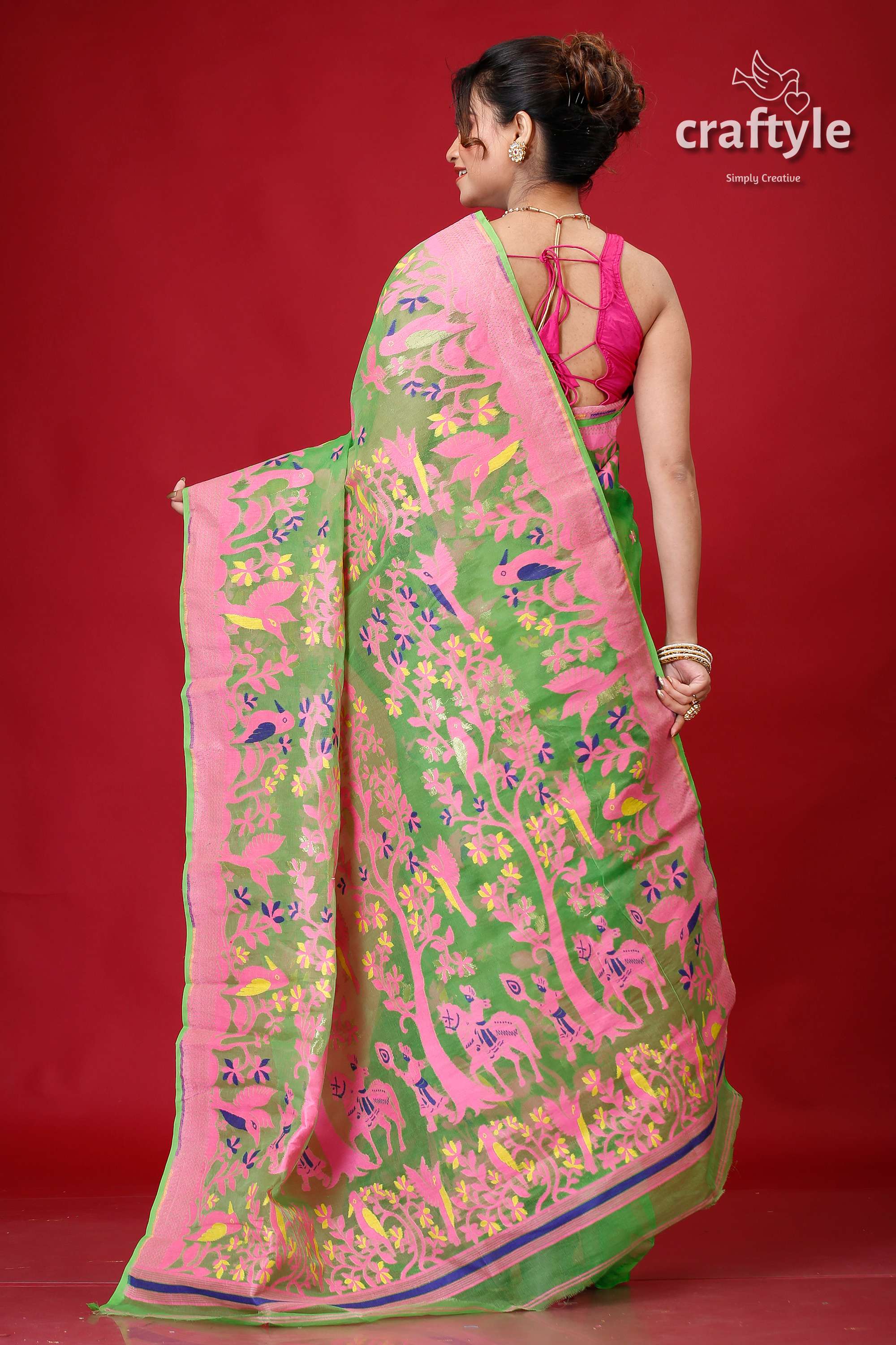 Slimy Green Bengal Jamdani Saree-Craftyle