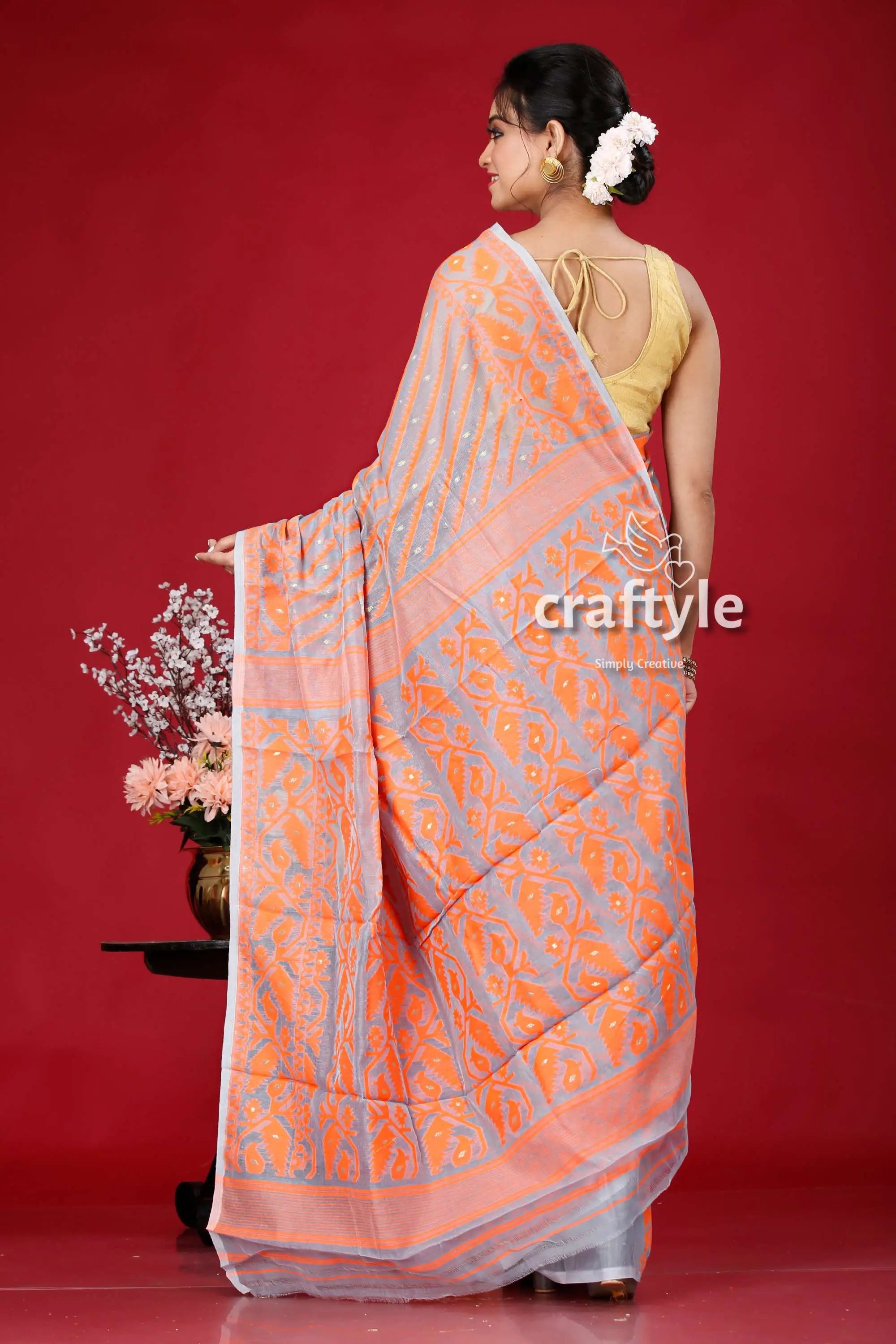 Smoke grey-orange jamdani weave saree woman patterned saree 5