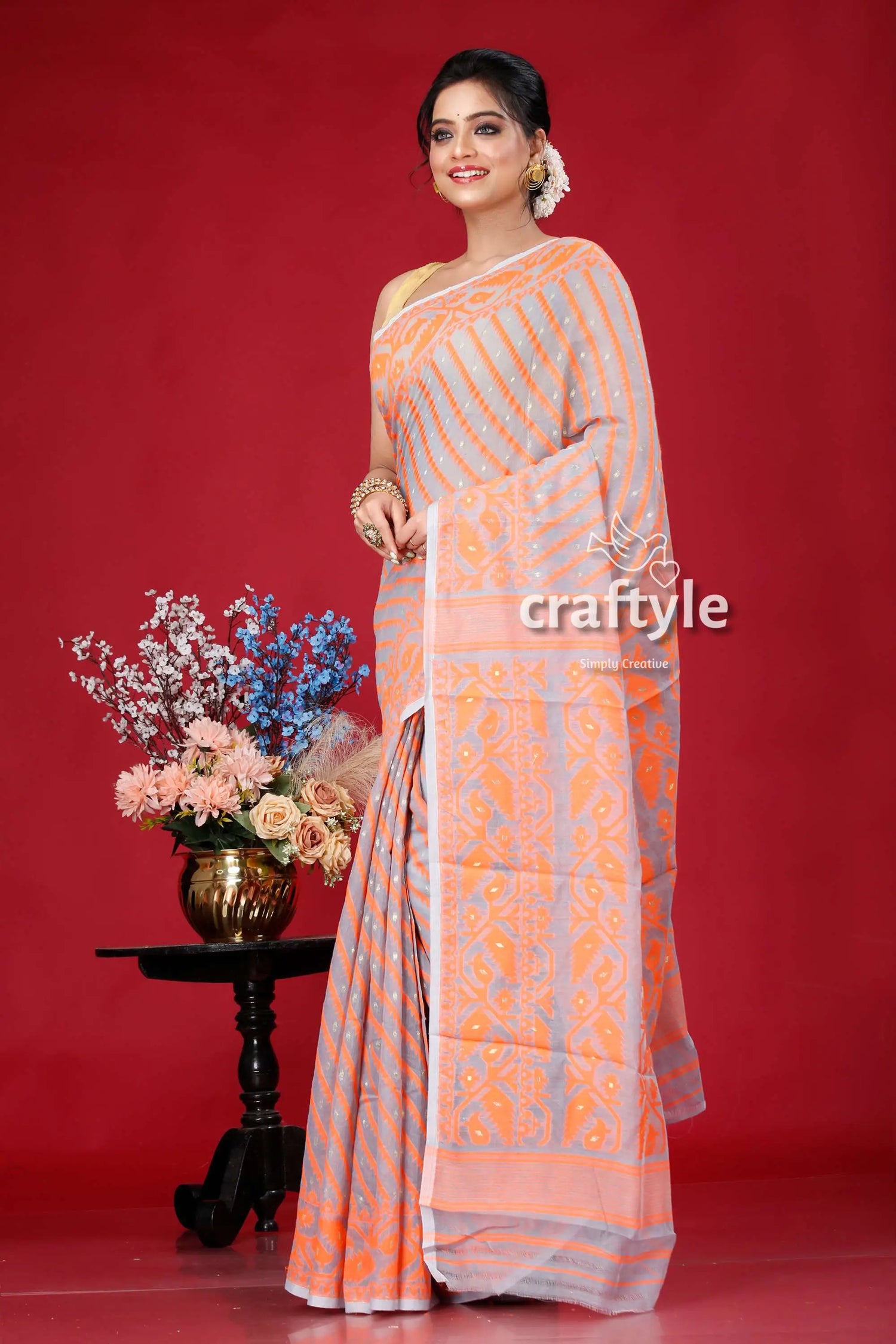 Smoke grey-orange jamdani weave saree woman patterned saree 3