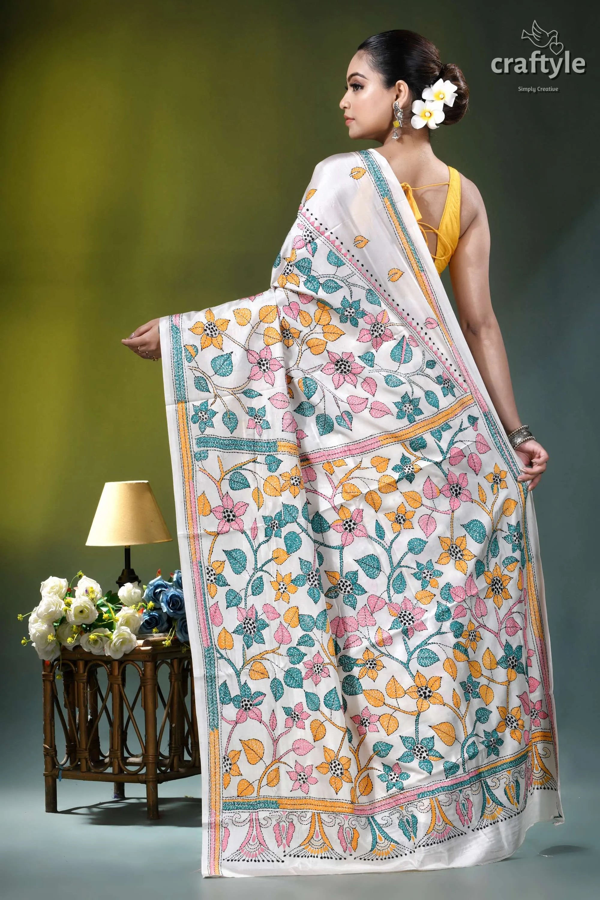 Snow white botanical design hand embroidered silk kantha saree white silk saree adorned intricate 5