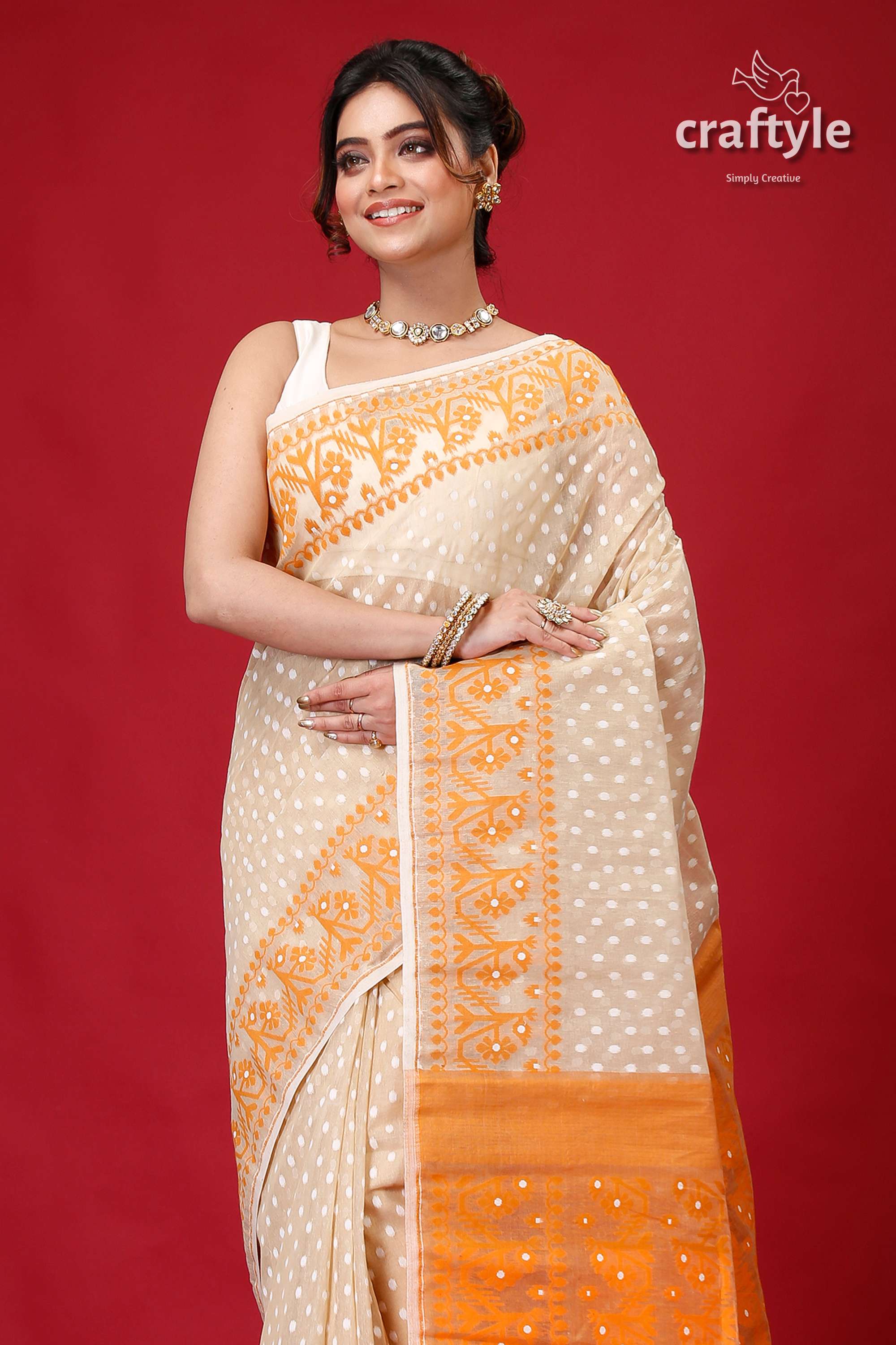 Soft Amber and Orange Jamdani Saree for Women-Craftyle
