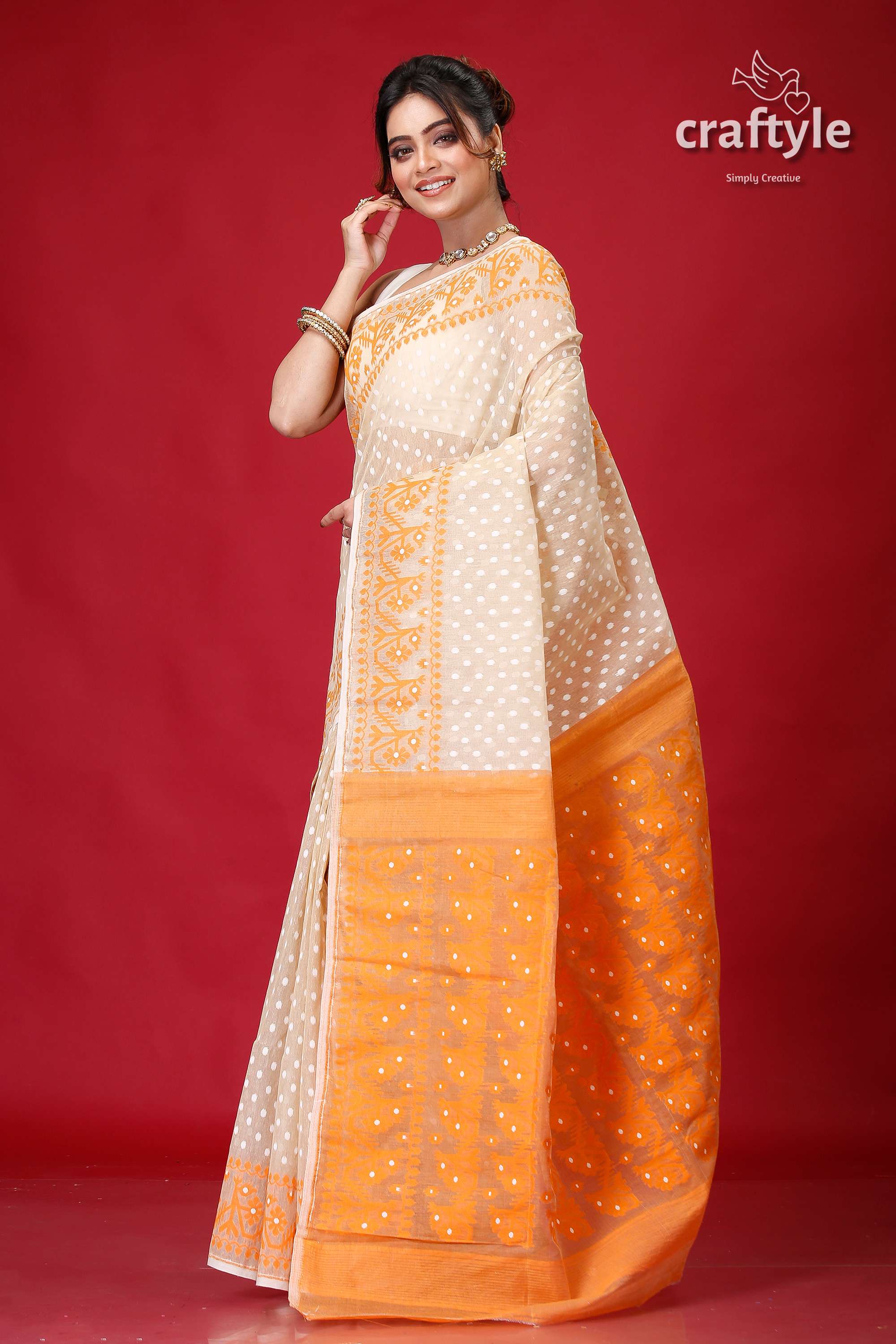 Soft Amber and Orange Jamdani Saree for Women-Craftyle