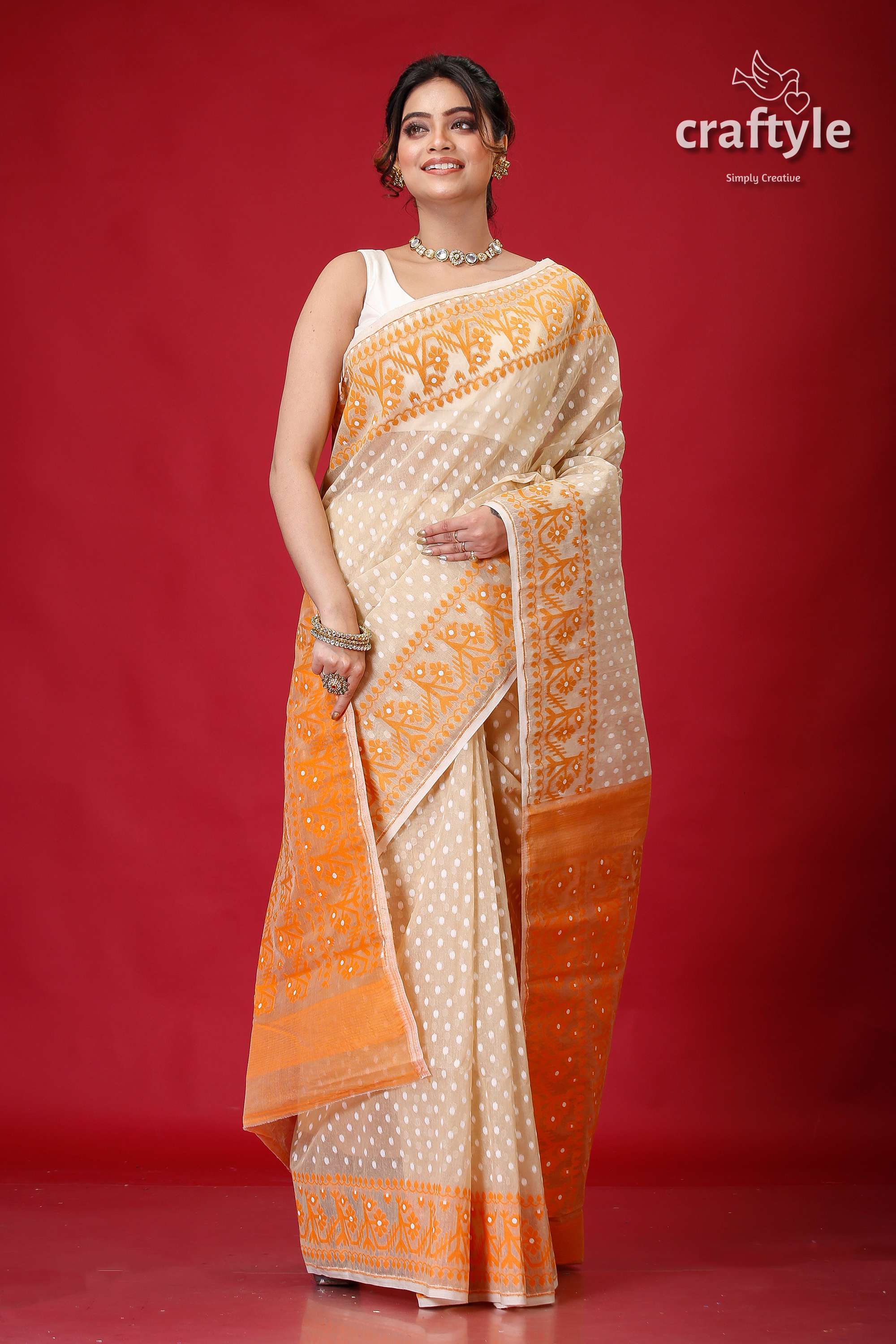 Soft Amber and Orange Jamdani Saree for Women-Craftyle