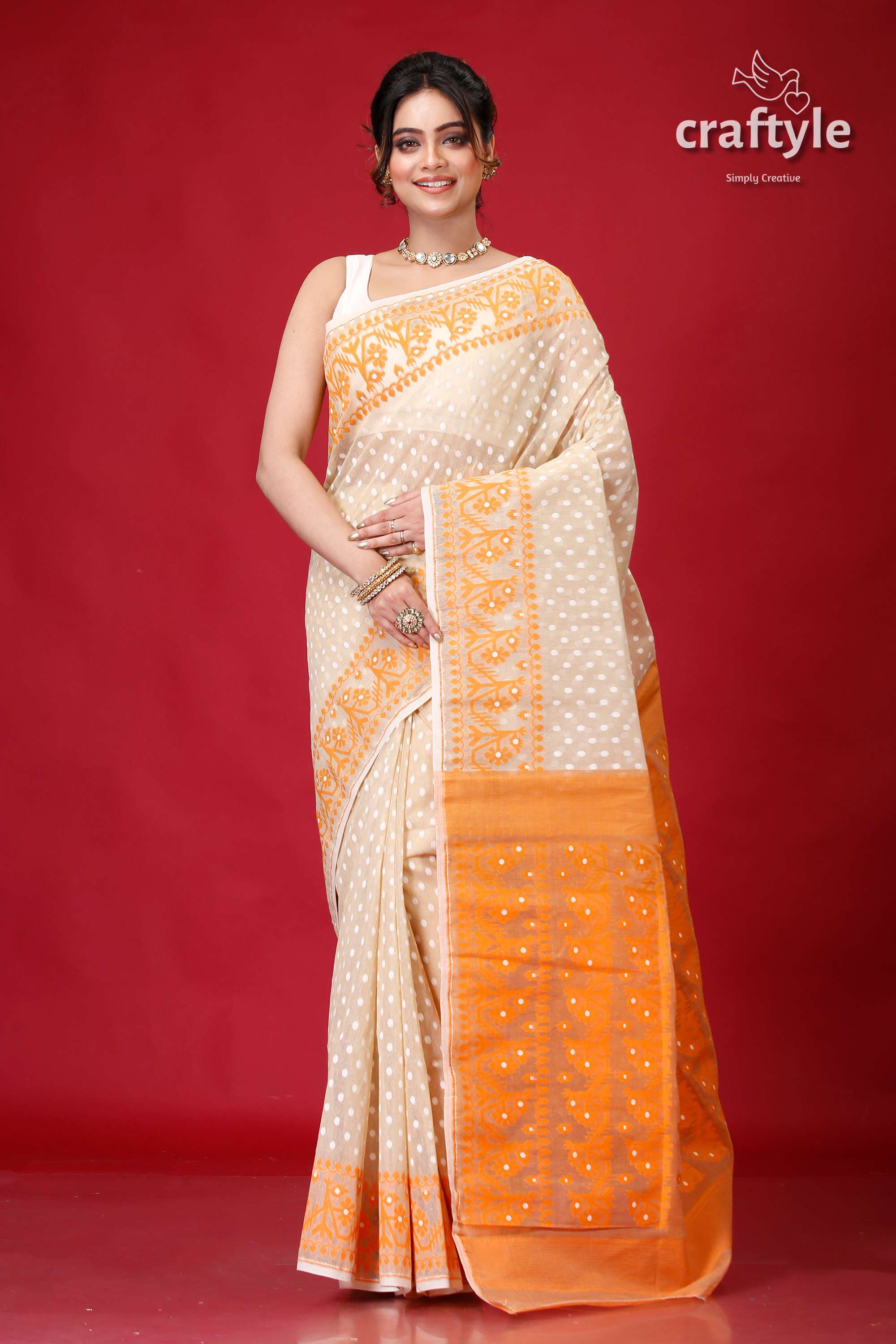 Soft Amber and Orange Jamdani Saree for Women-Craftyle
