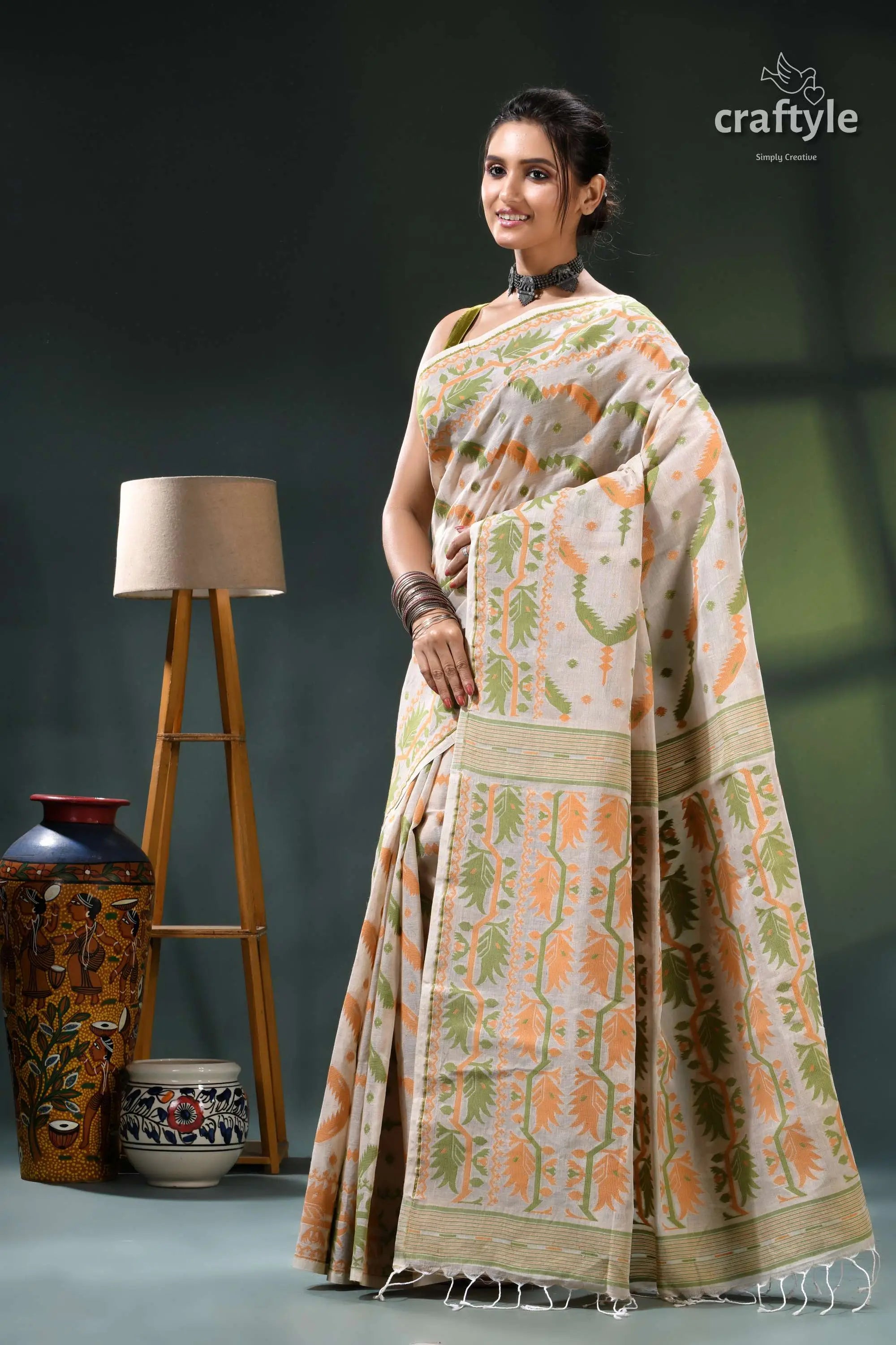 Soft amber cotton jamdani weave saree for women beige orange floral saree intricate 3