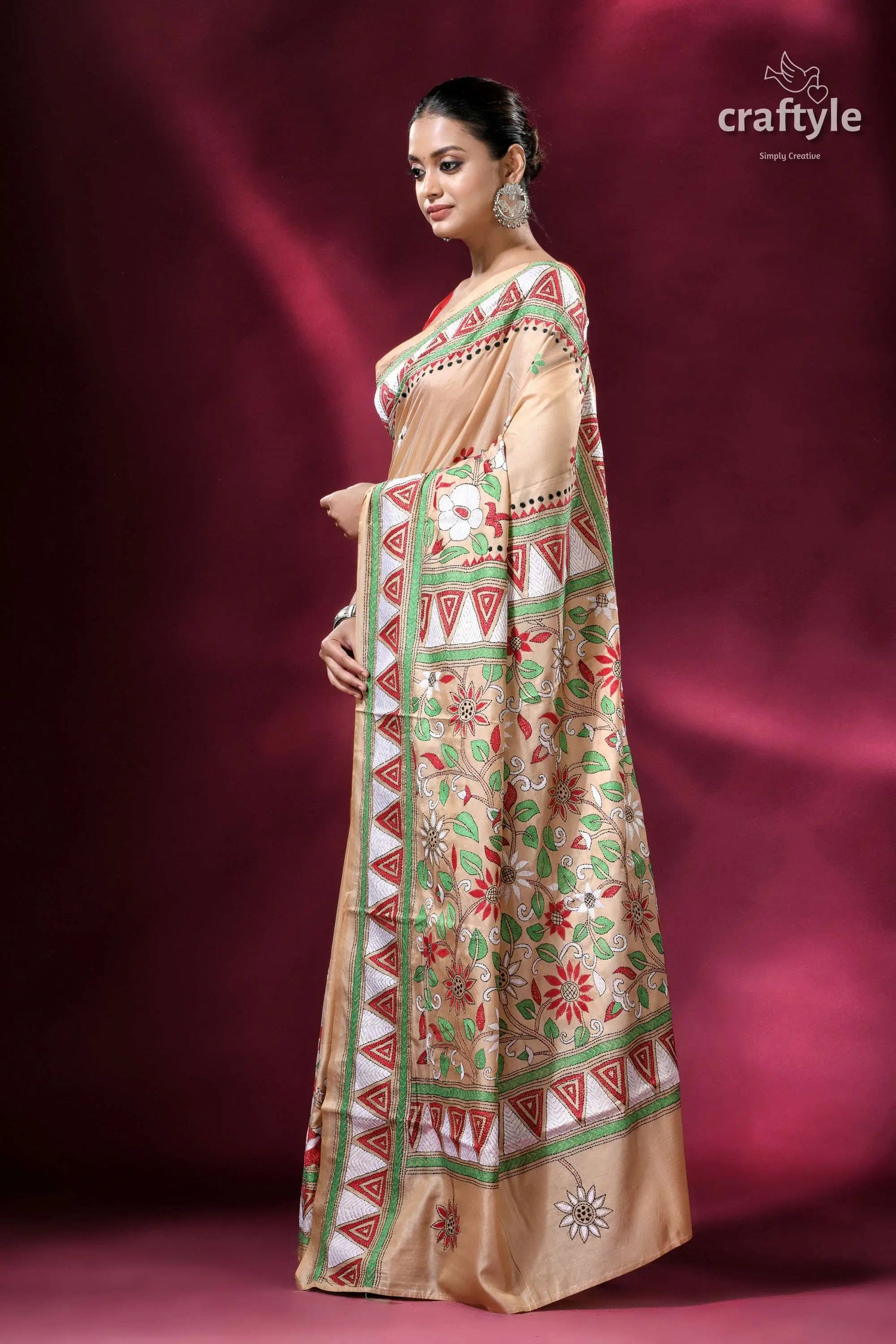 Soft amber handcrafted silk kantha saree elegant floral patterned saree 3