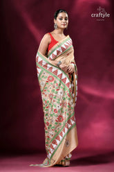 Soft amber handcrafted silk kantha saree woman beige saree floral geometric 5