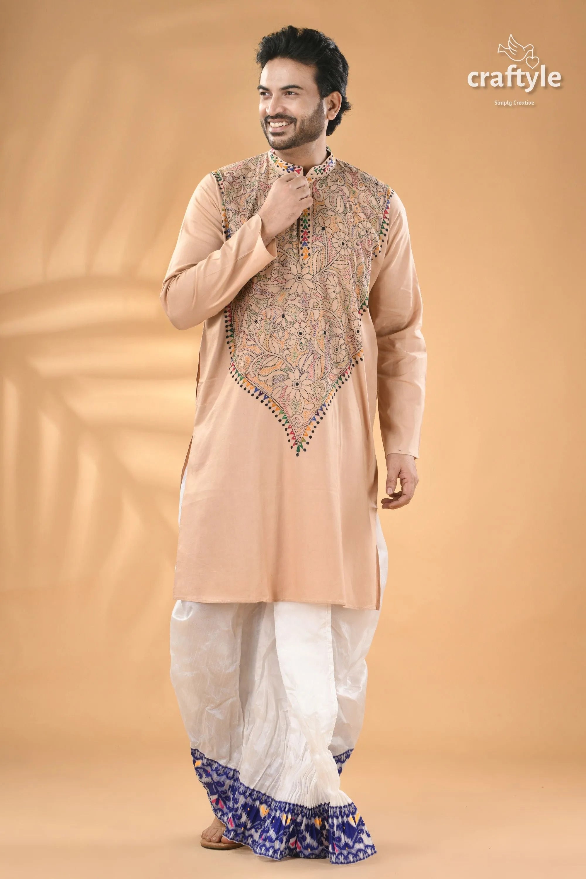 Soft amber kantha stitch cotton panjabi for men - reverse men’s peach-colored kurta intricate black 3