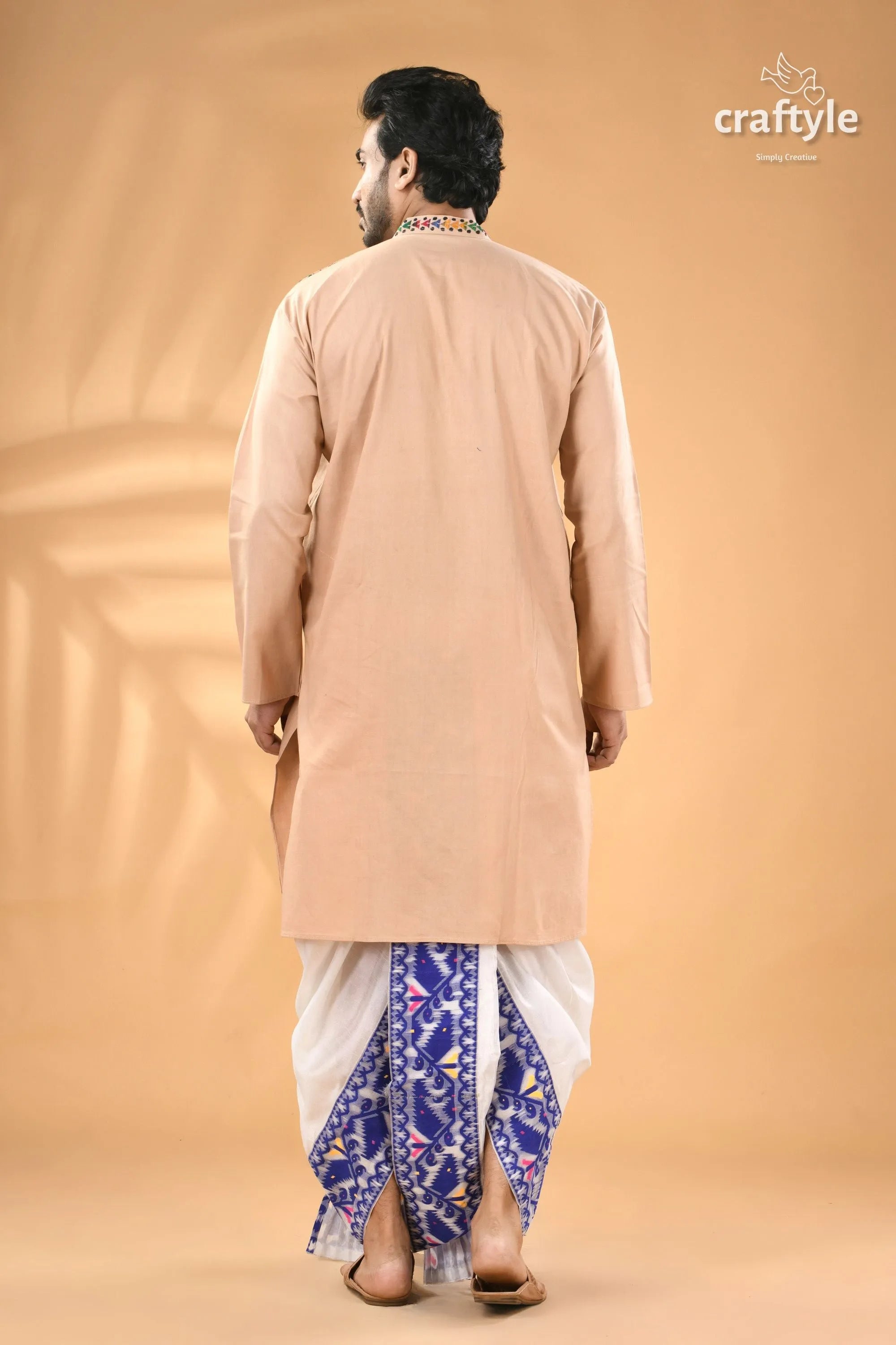 Soft amber kantha stitch cotton panjabi for men - reverse man peach-colored kurta white dhoti 7