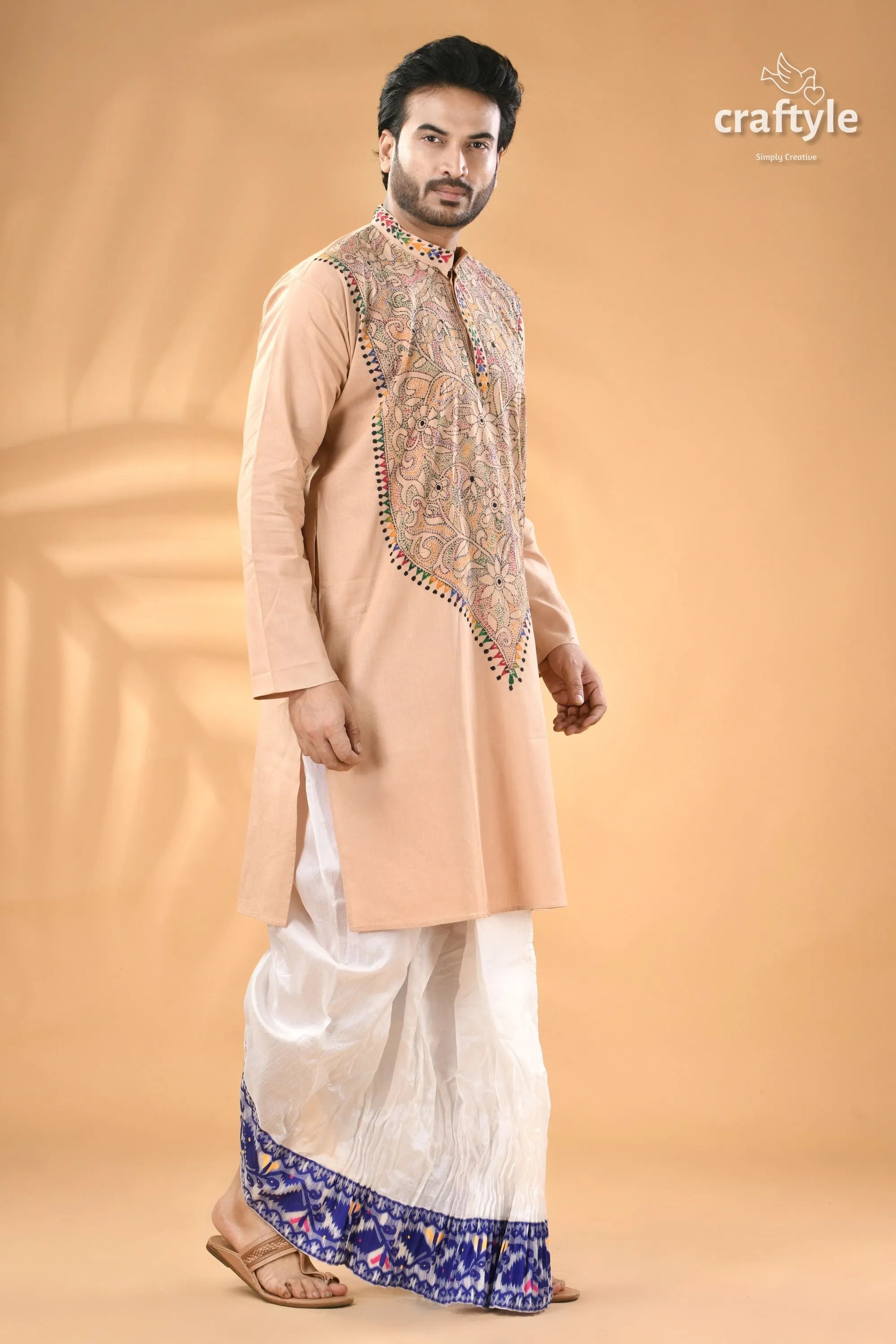 Soft amber kantha stitch cotton panjabi for men - reverse men’s peach-colored embroidered short kurta 4