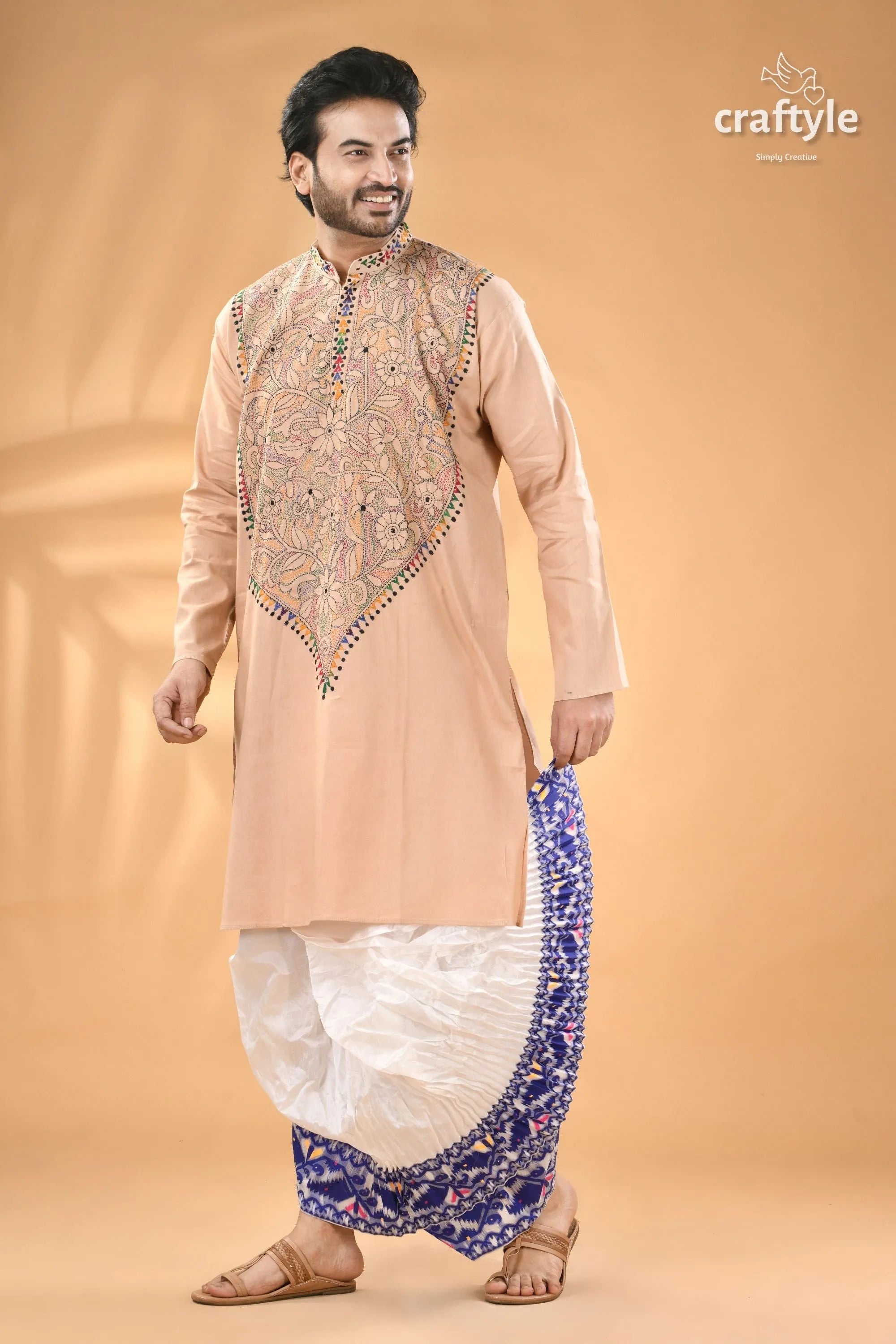Soft amber kantha stitch cotton panjabi for men - reverse men’s peach-colored kurta intricate embroidery 1