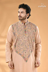 Soft amber kantha stitch cotton panjabi for men reverse men’s light brown kurta intricate 2