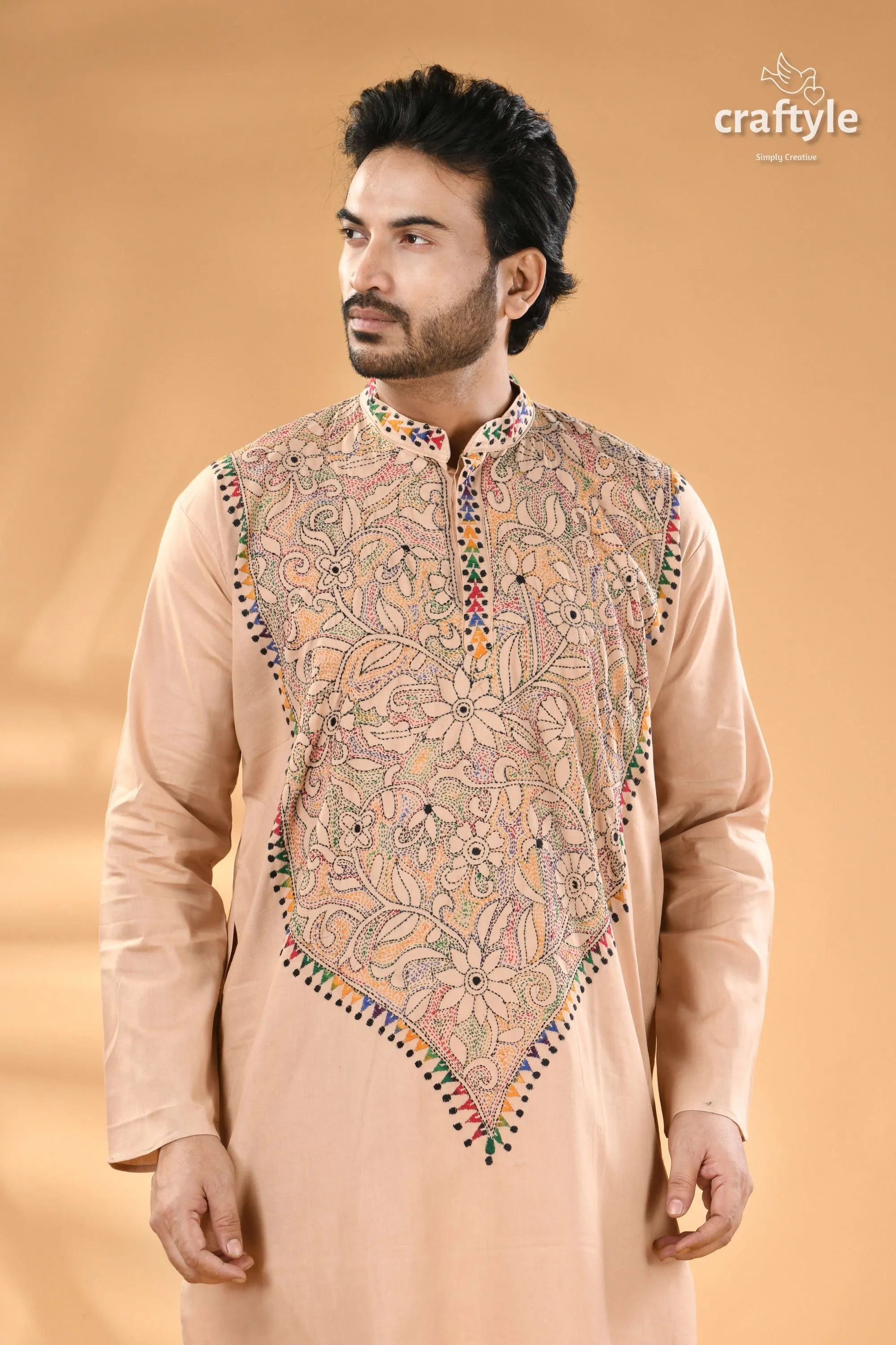 Soft amber kantha stitch cotton panjabi for men - reverse men’s light brown kurta intricate 2