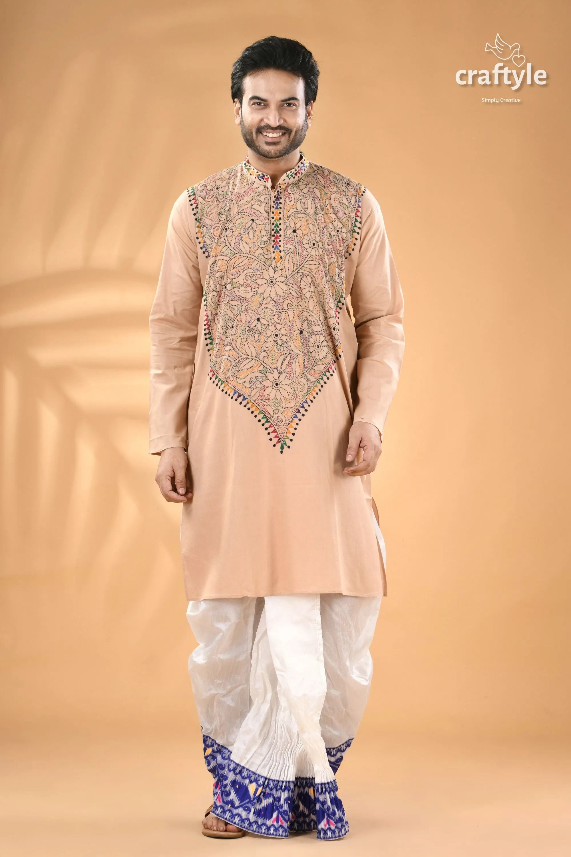 Soft amber kantha stitch cotton panjabi for men - reverse men’s beige embroidered kurta white 5