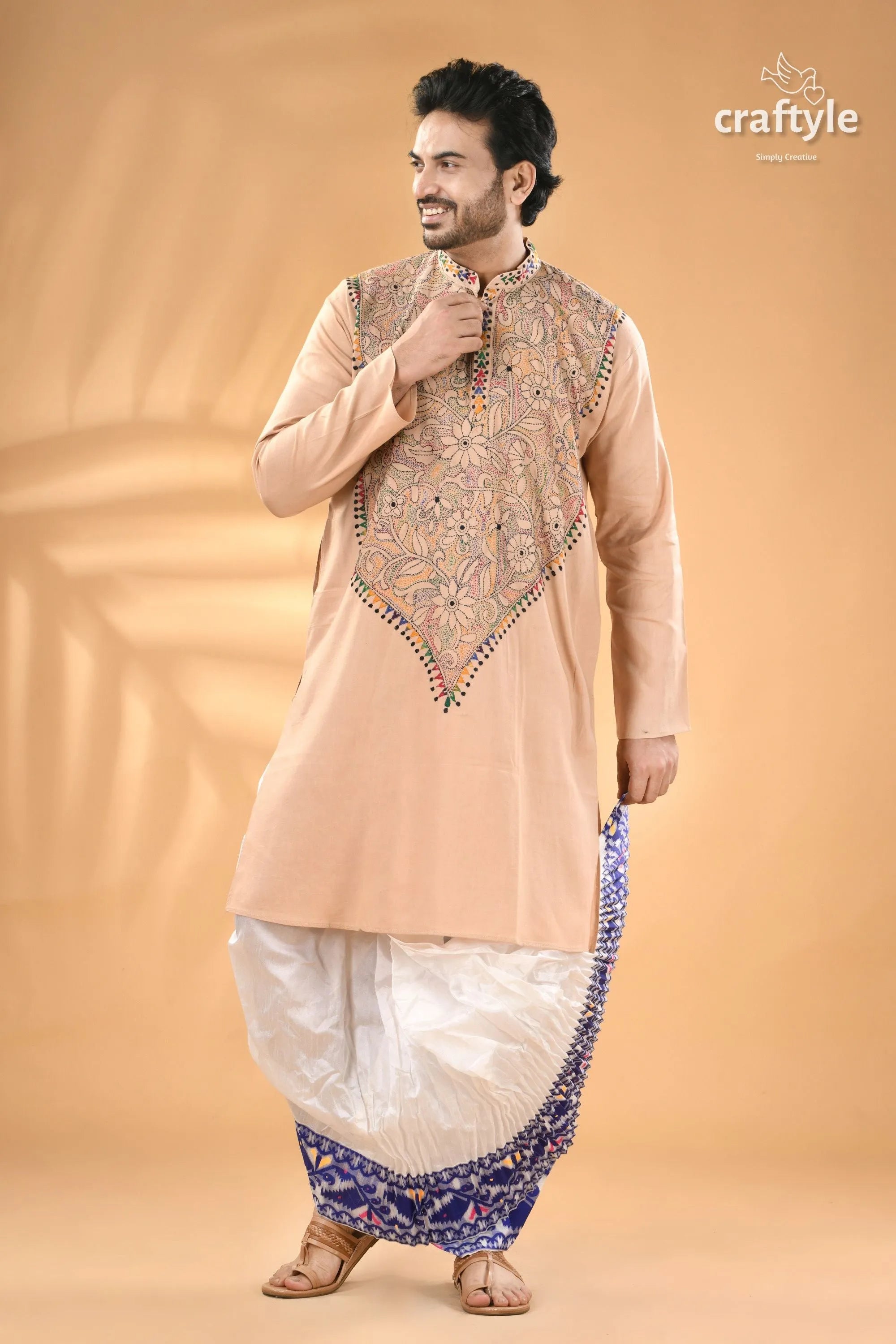 Soft amber kantha stitch cotton panjabi for men - reverse men’s light peach embroidered kurta 6