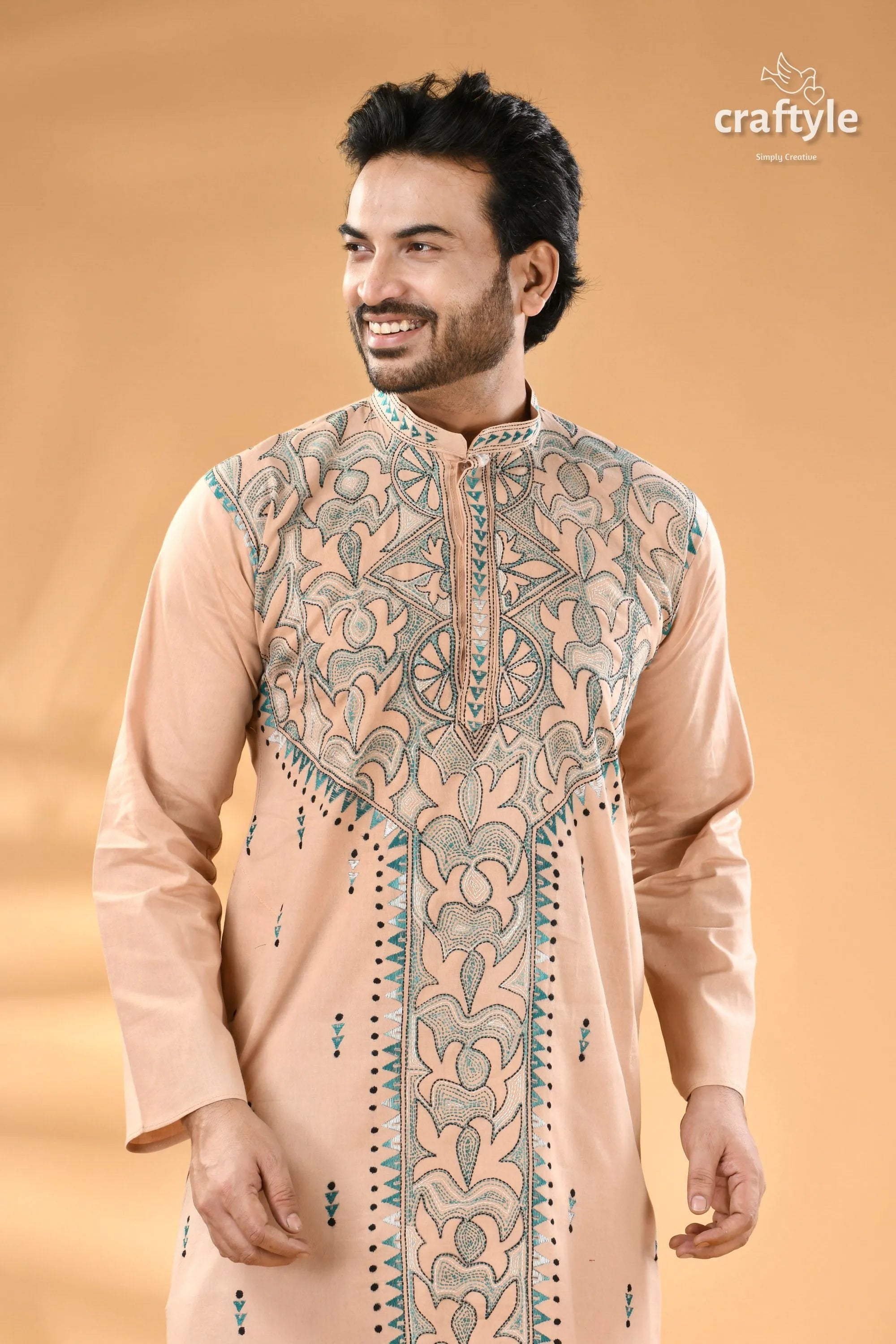 Soft amber kantha stitch gents kurta - reverse men’s peach-colored intricate teal 2