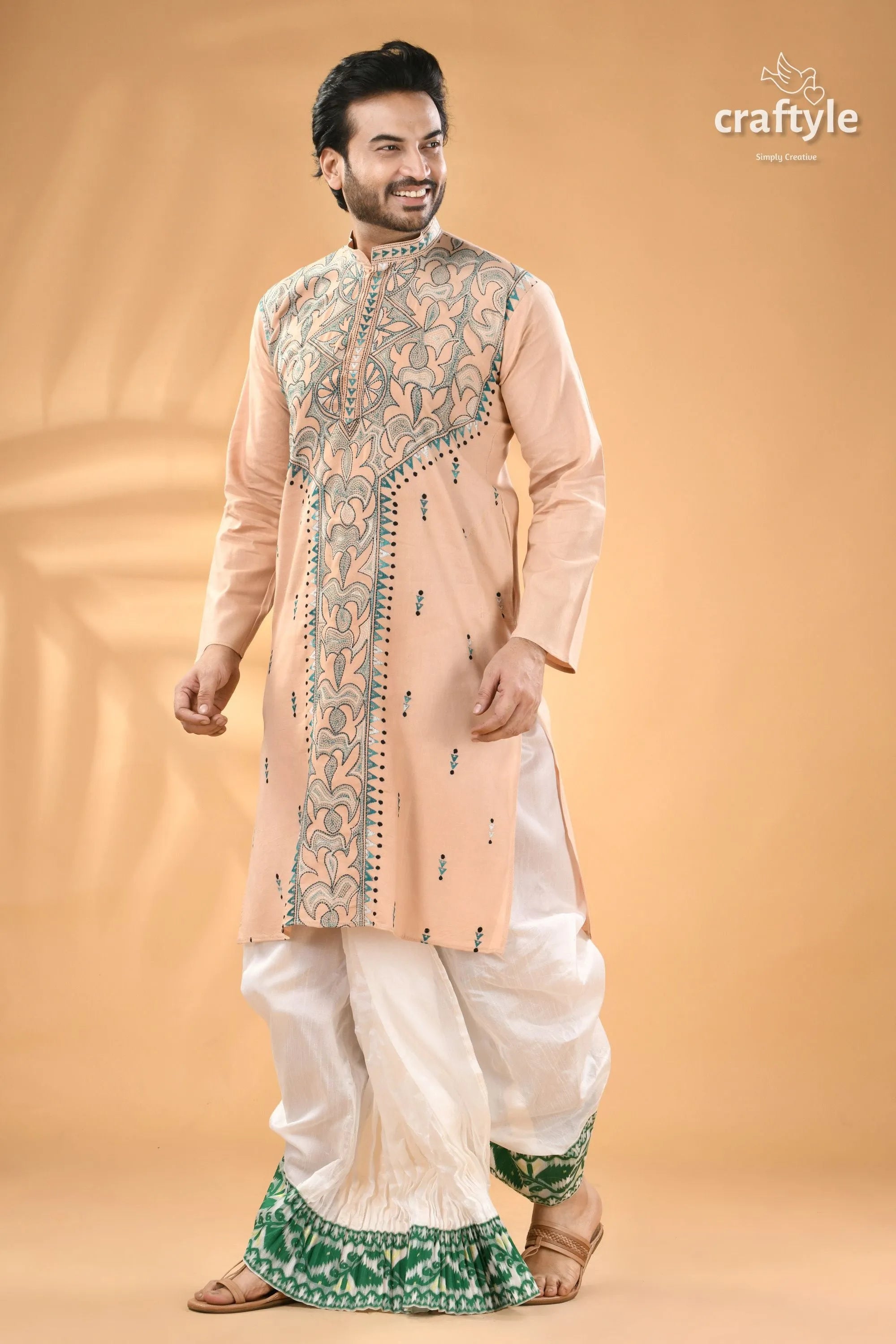 Soft amber kantha stitch gents kurta - reverse men’s embroidered peach white 5