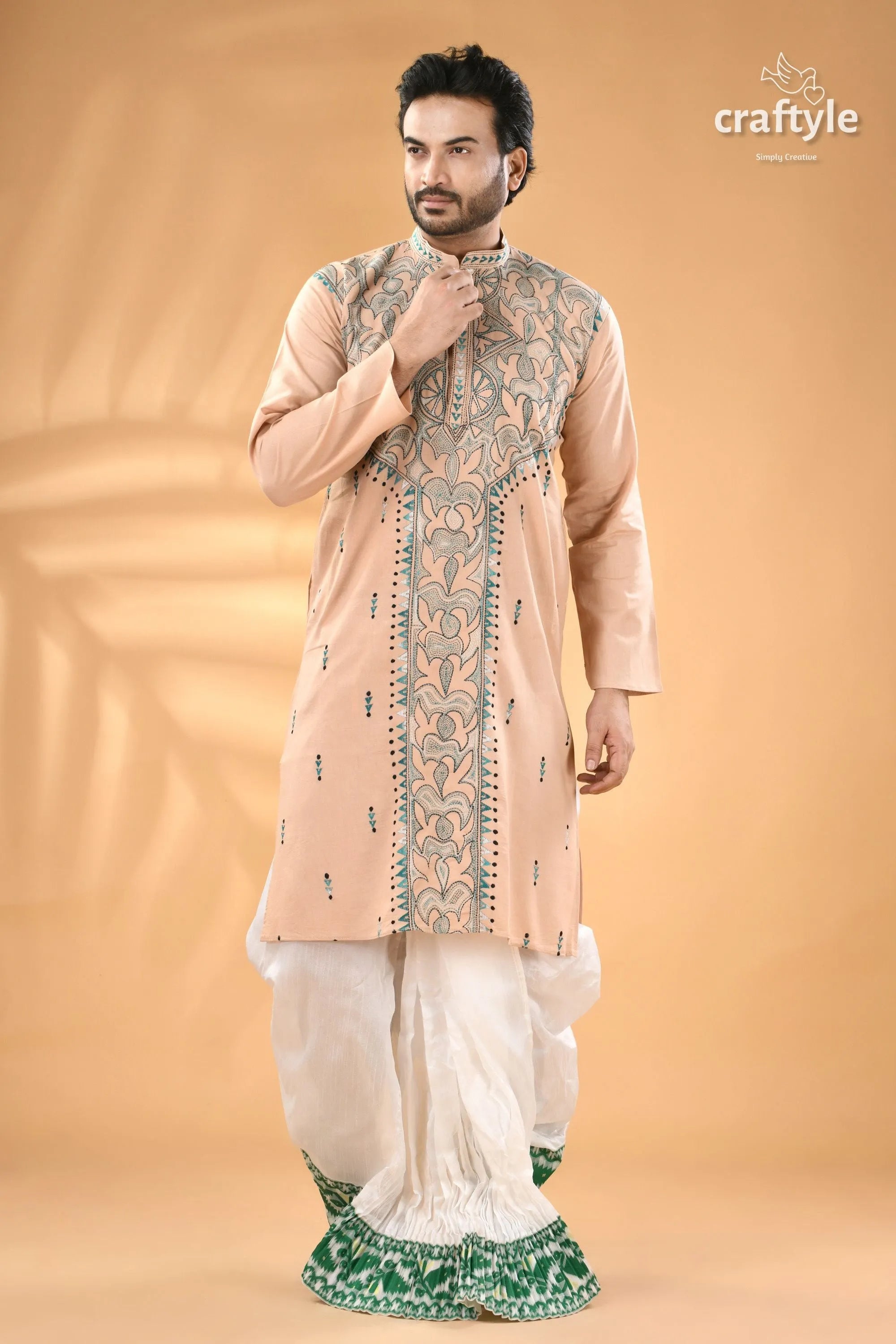 Soft amber kantha stitch gents kurta - reverse men’s embroidered peach white 1