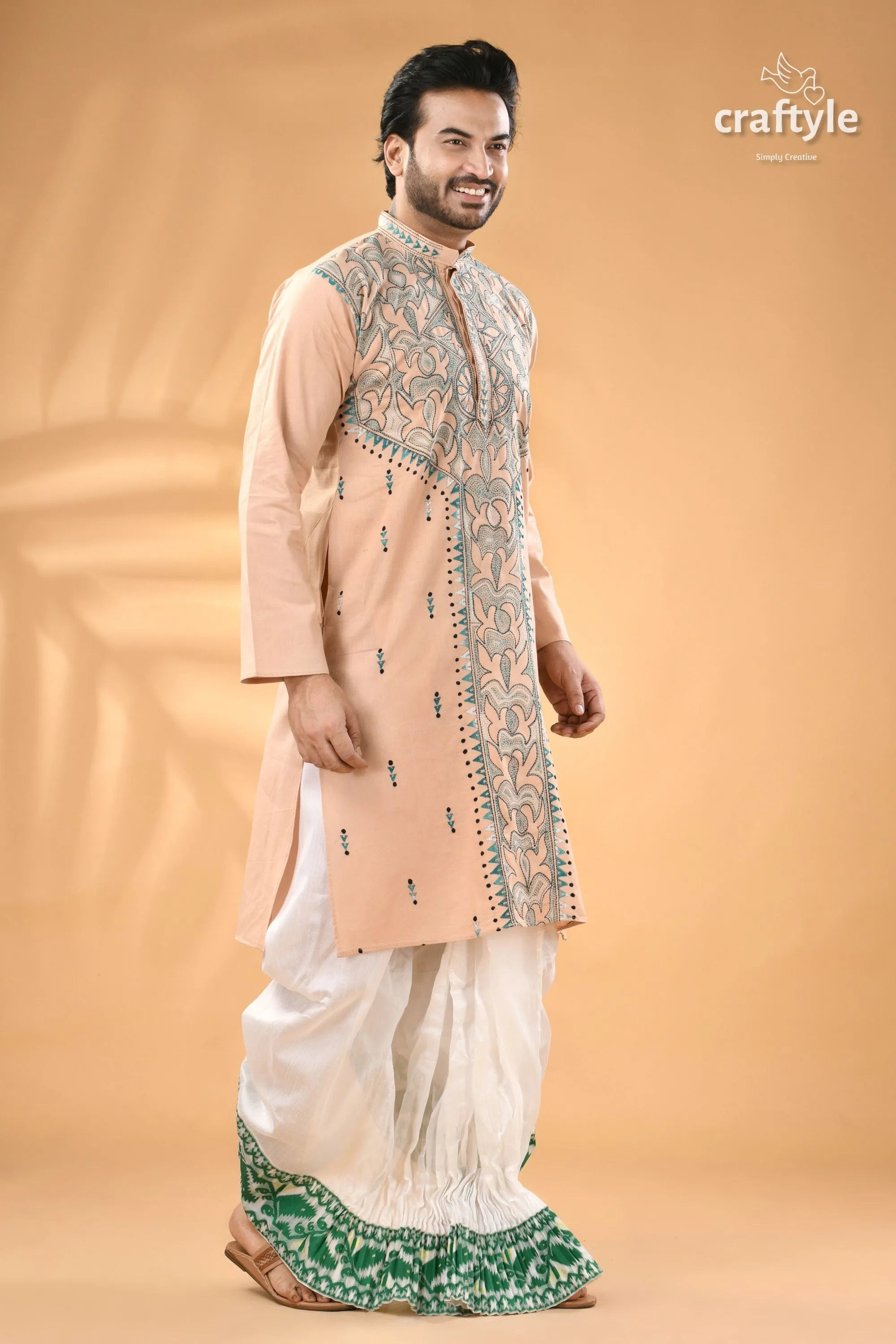 Soft amber kantha stitch gents kurta - reverse light peach colored men’s 4