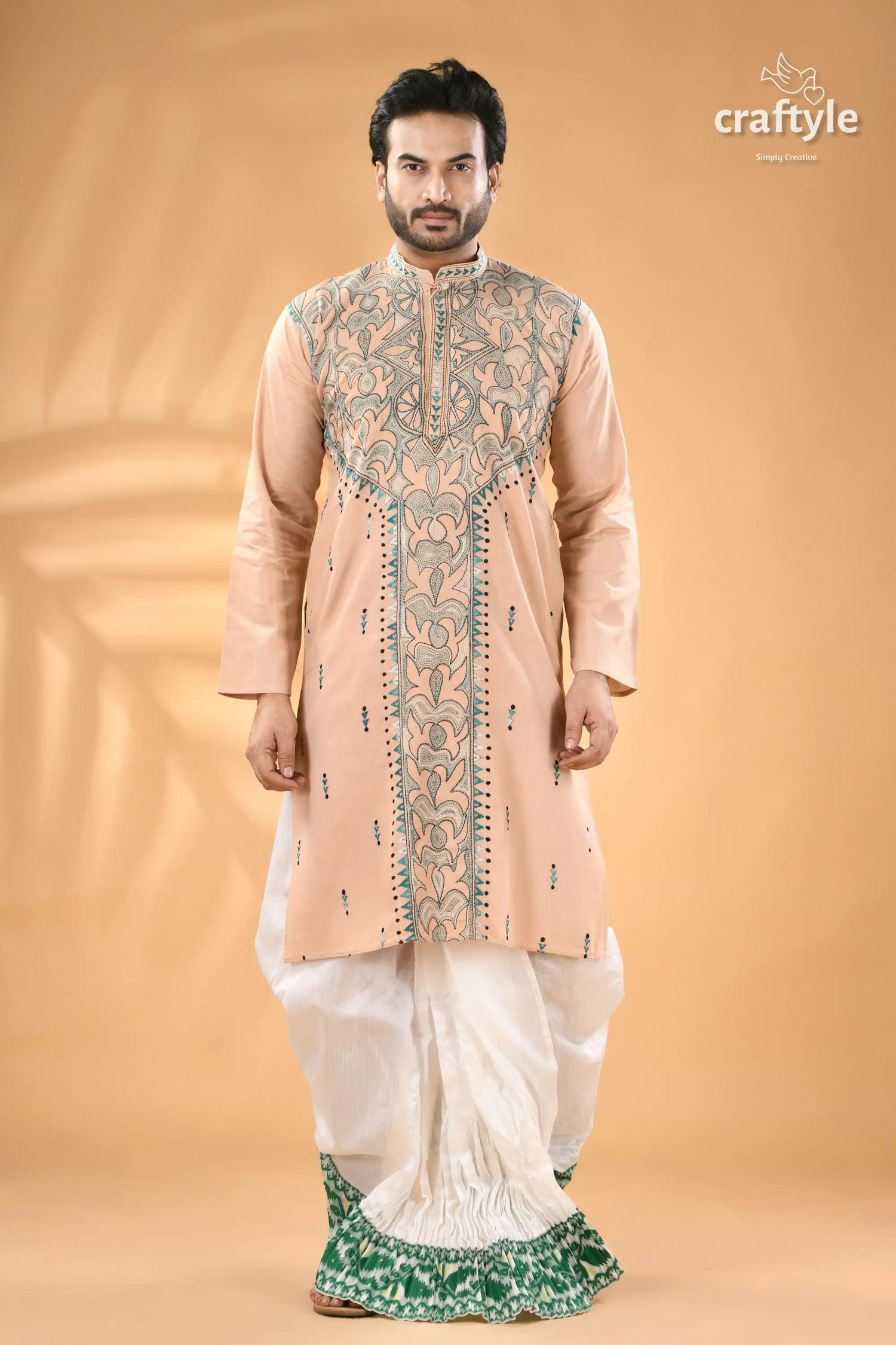 Soft amber kantha stitch gents kurta reverse men’s peach colored long sleeved kurta intricate 3