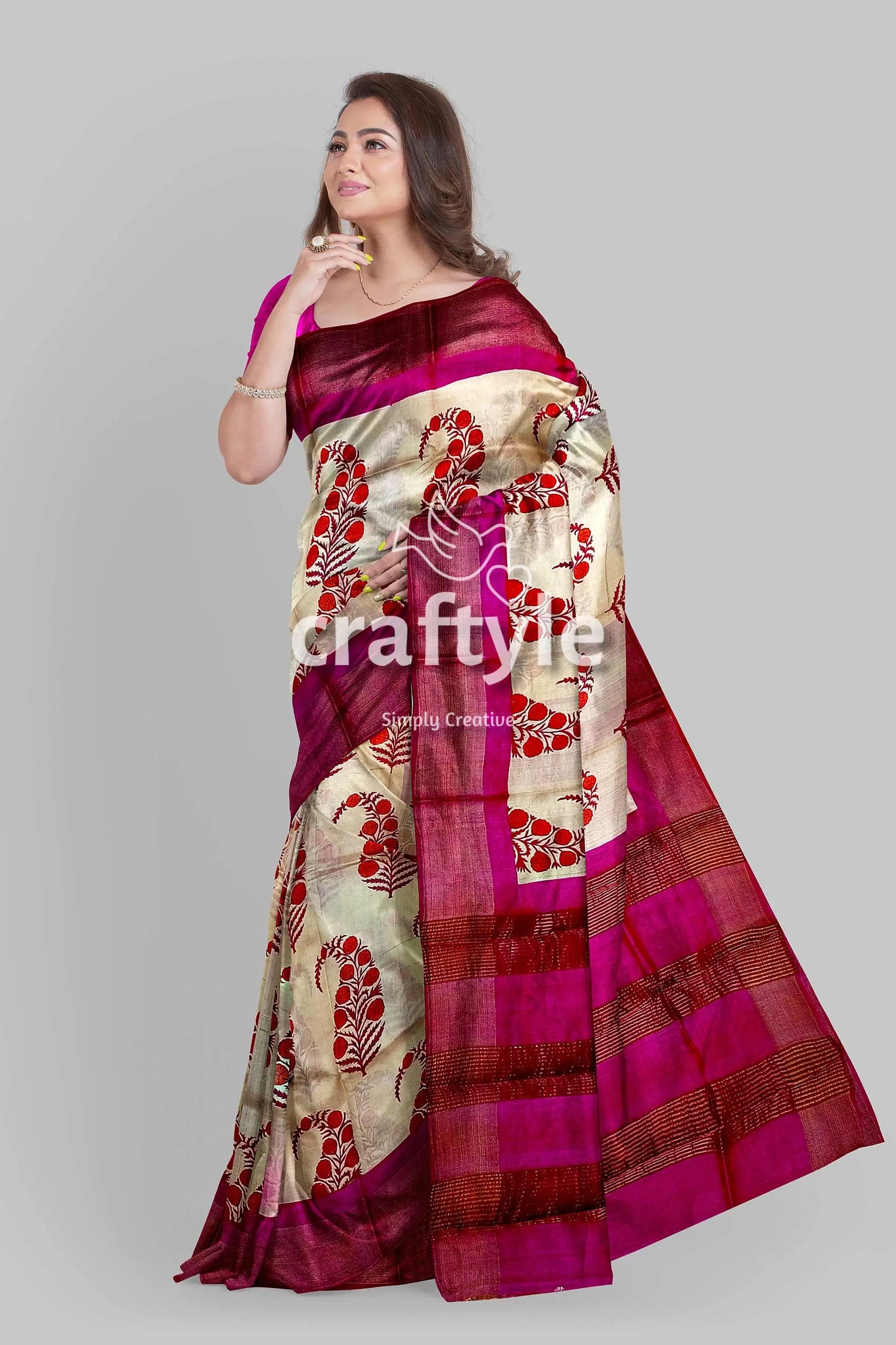 Soft peach magenta hand block print saree with zari border - pure tussar silk elegant pink cream saree 4