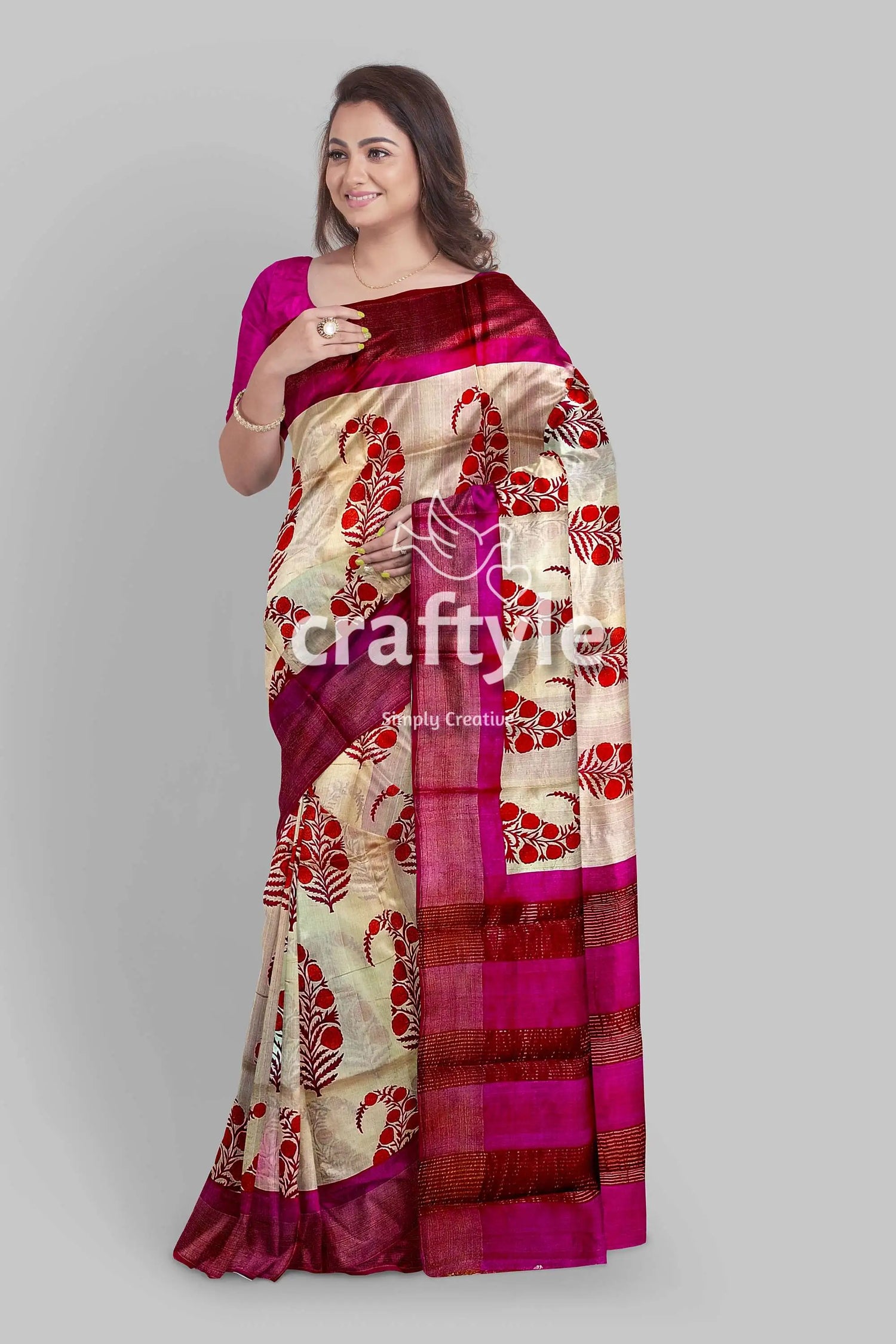 Soft peach magenta hand block print saree with zari border - pure tussar silk woman patterned saree 3