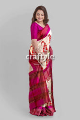 Soft peach magenta hand block print saree with zari border - pure tussar silk woman pink cream saree 5