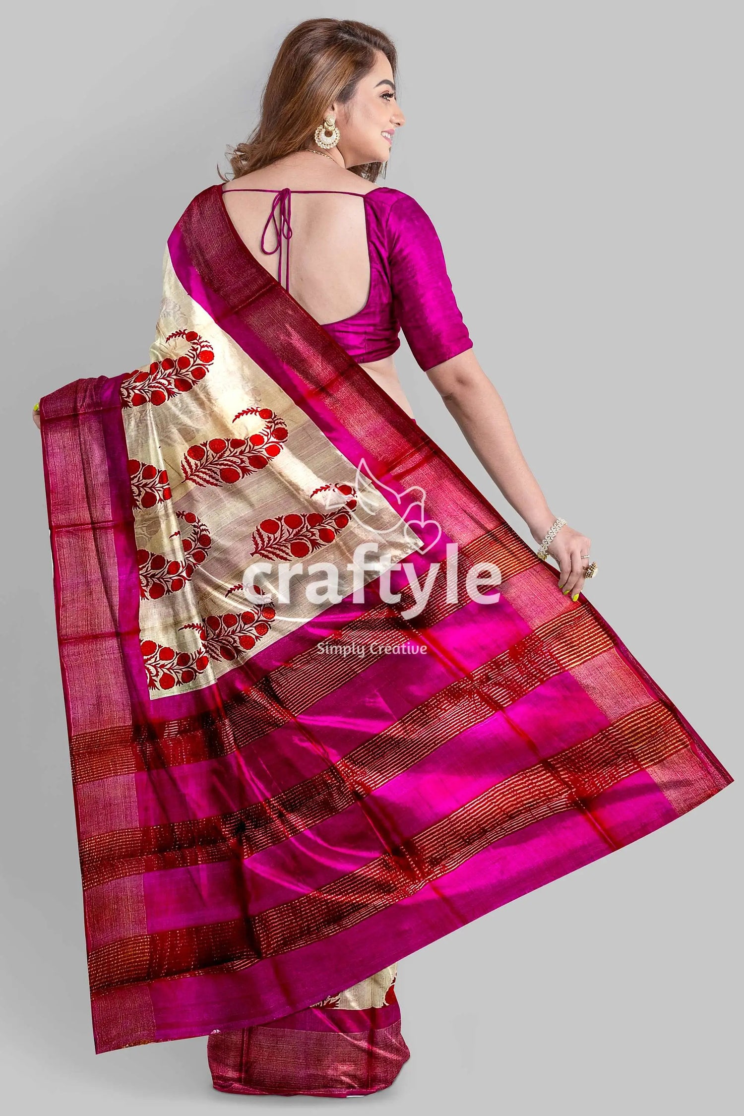 Soft peach magenta hand block print saree with zari border - pure tussar silk pink cream saree 6