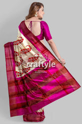 Soft peach magenta hand block print saree with zari border - pure tussar silk pink cream saree 6