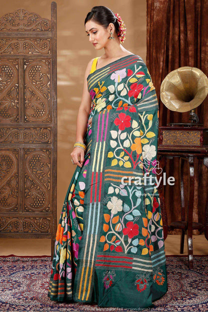 Solid Deep Green Kantha Stitch Silk Sari-Craftyle