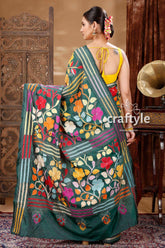 Solid Deep Green Kantha Stitch Silk Sari-Craftyle
