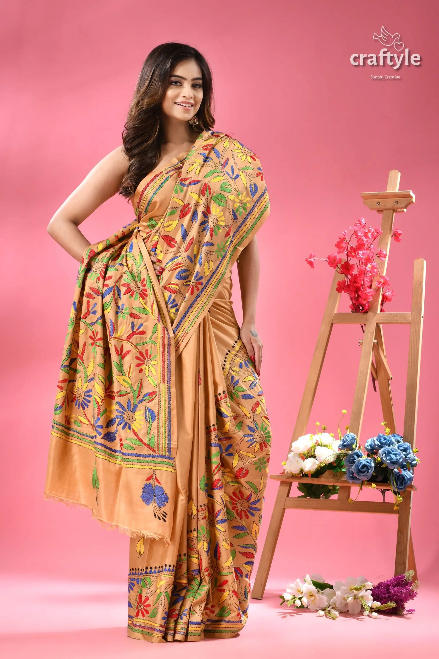 Sorrell brown flower motif handmade silk kantha saree woman beige silk saree vibrant 4