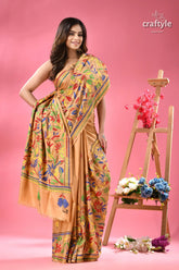 Sorrell brown flower motif handmade silk kantha saree woman beige silk saree vibrant 4