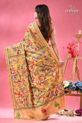 Sorrell brown flower motif handmade silk kantha saree woman models beige saree colorful 5