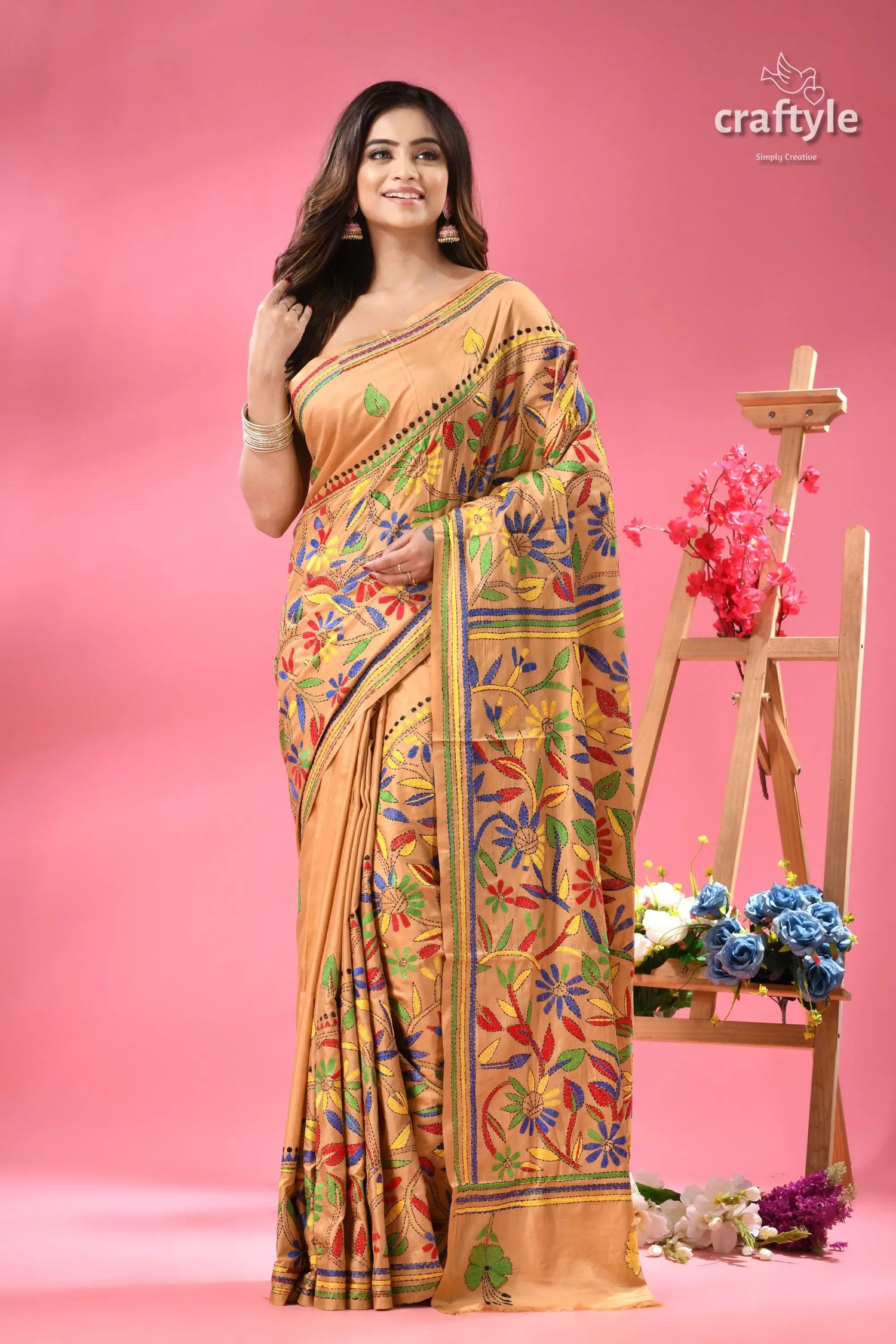 Sorrell brown flower motif handmade silk kantha saree model peach colored silk saree vibrant 6