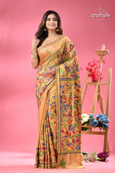 Sorrell brown flower motif handmade silk kantha saree model peach colored silk saree vibrant 6