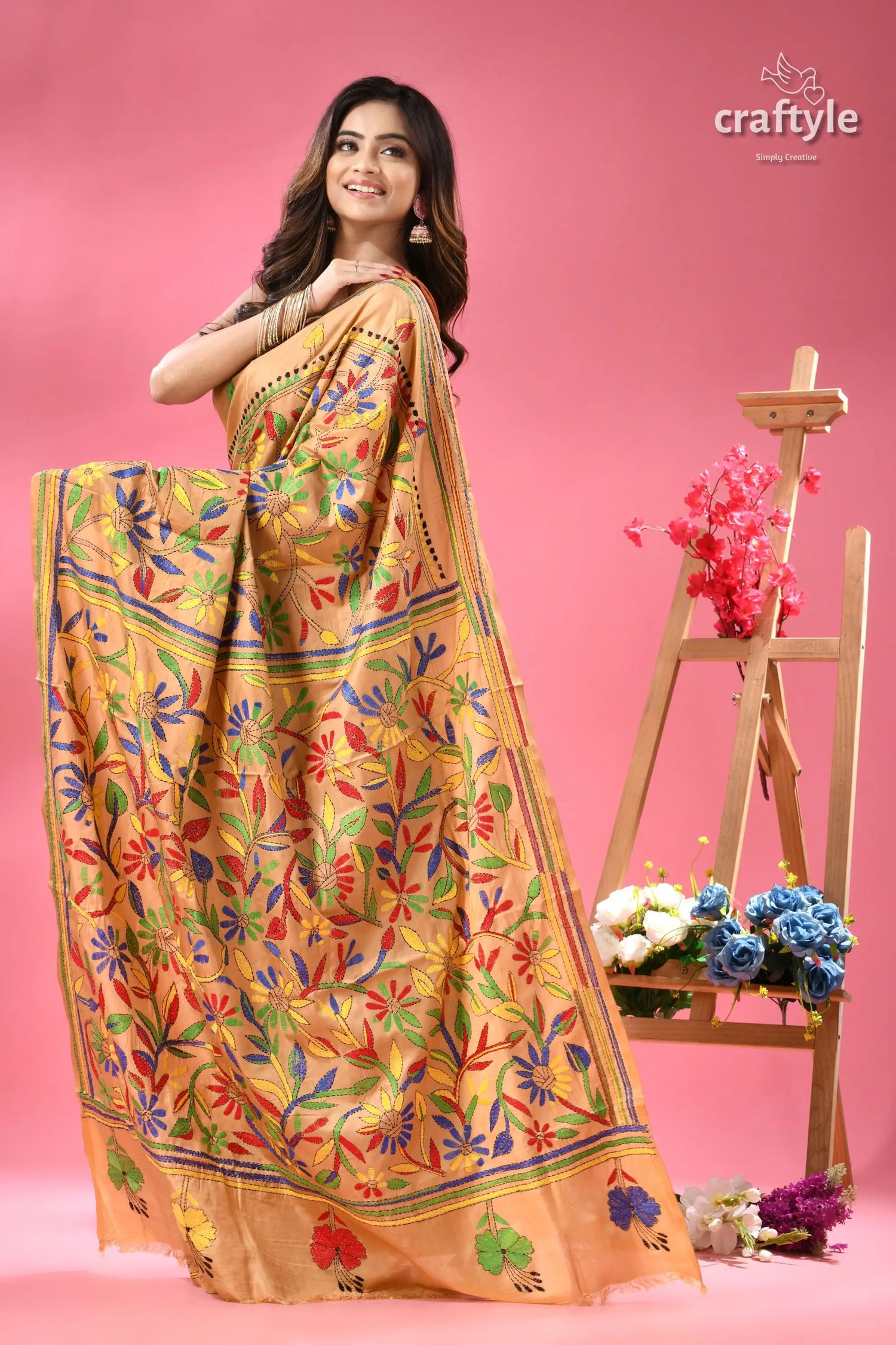 Sorrell brown flower motif handmade silk kantha saree light brown saree colorful floral 3