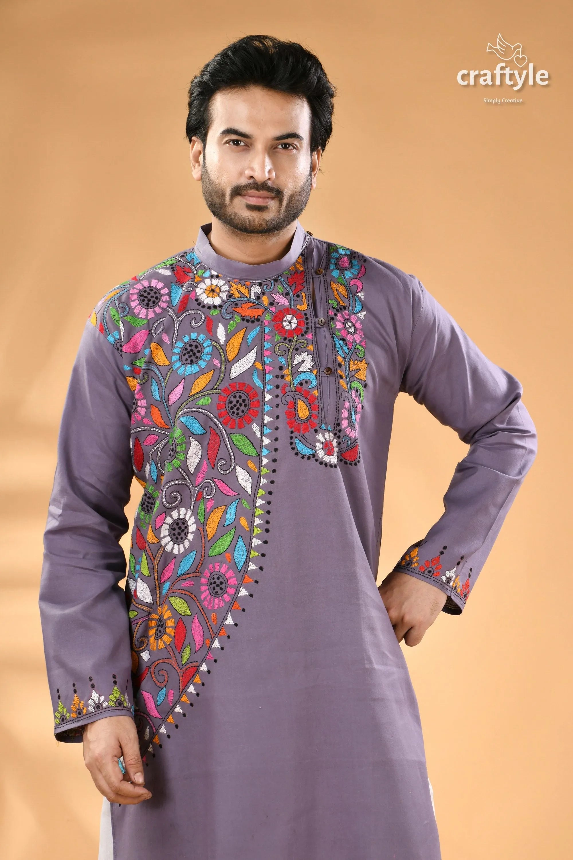 Spanish grey hand kantha embroidered cotton kurta for men men’s purple colorful floral 2