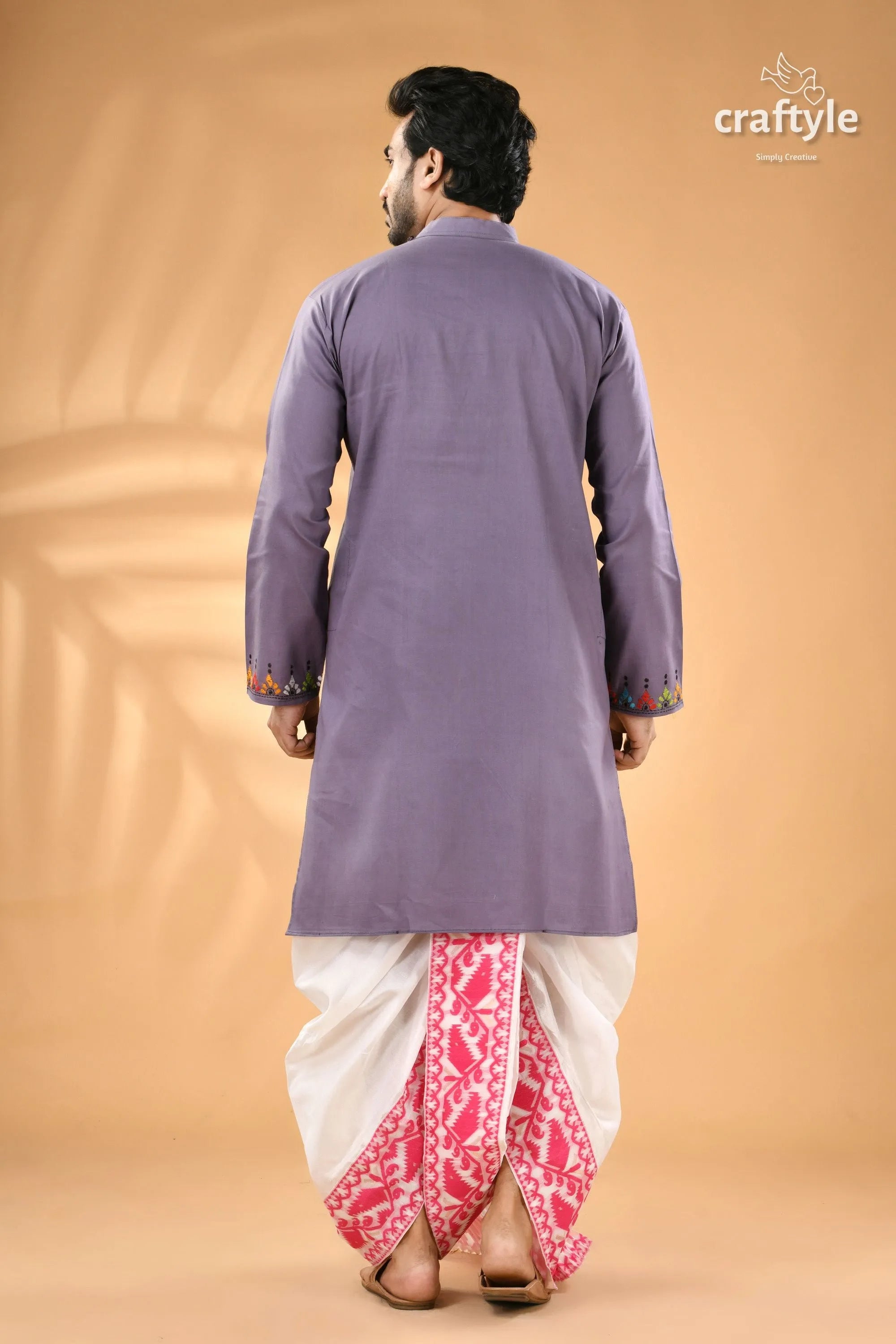Spanish grey hand kantha embroidered cotton kurta for men man’s purple cuffs 5