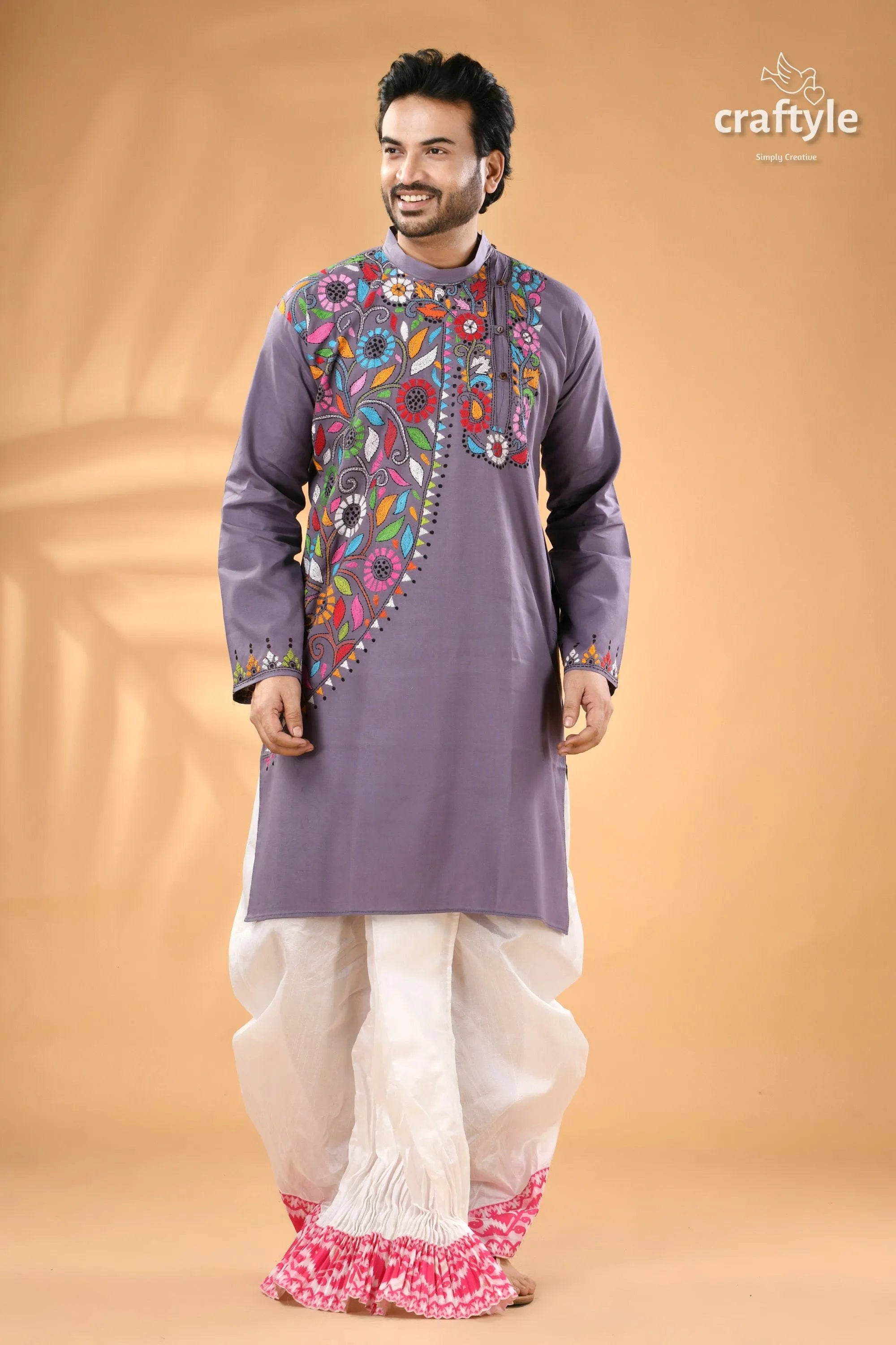 Spanish grey hand kantha embroidered cotton kurta for men men’s purple colorful floral 1