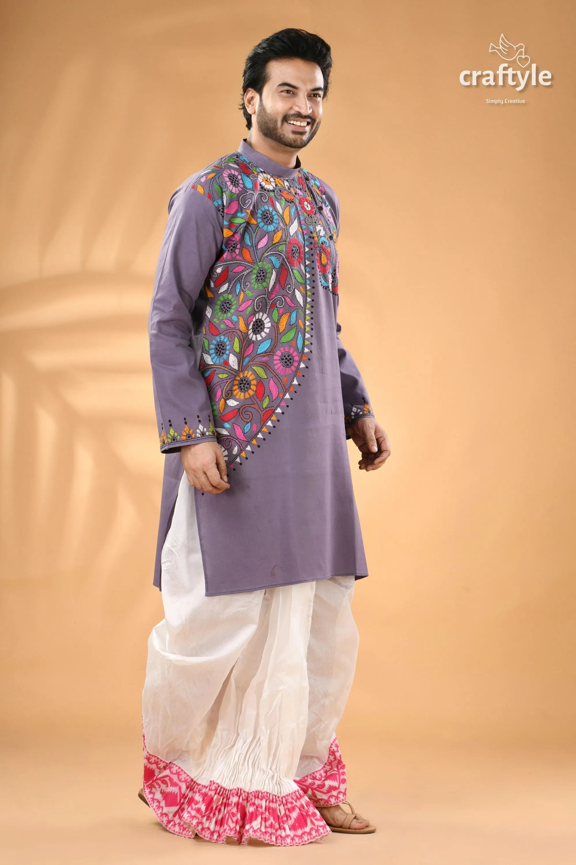 Spanish grey hand kantha embroidered cotton kurta for men man’s purple colorful floral 3