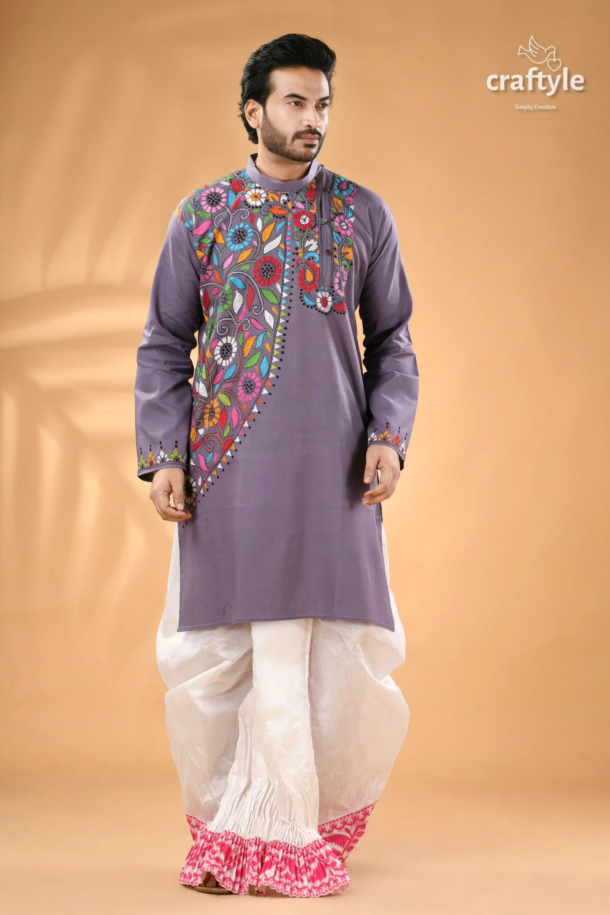 Spanish grey hand kantha embroidered cotton kurta for men men’s purple colorful floral 4
