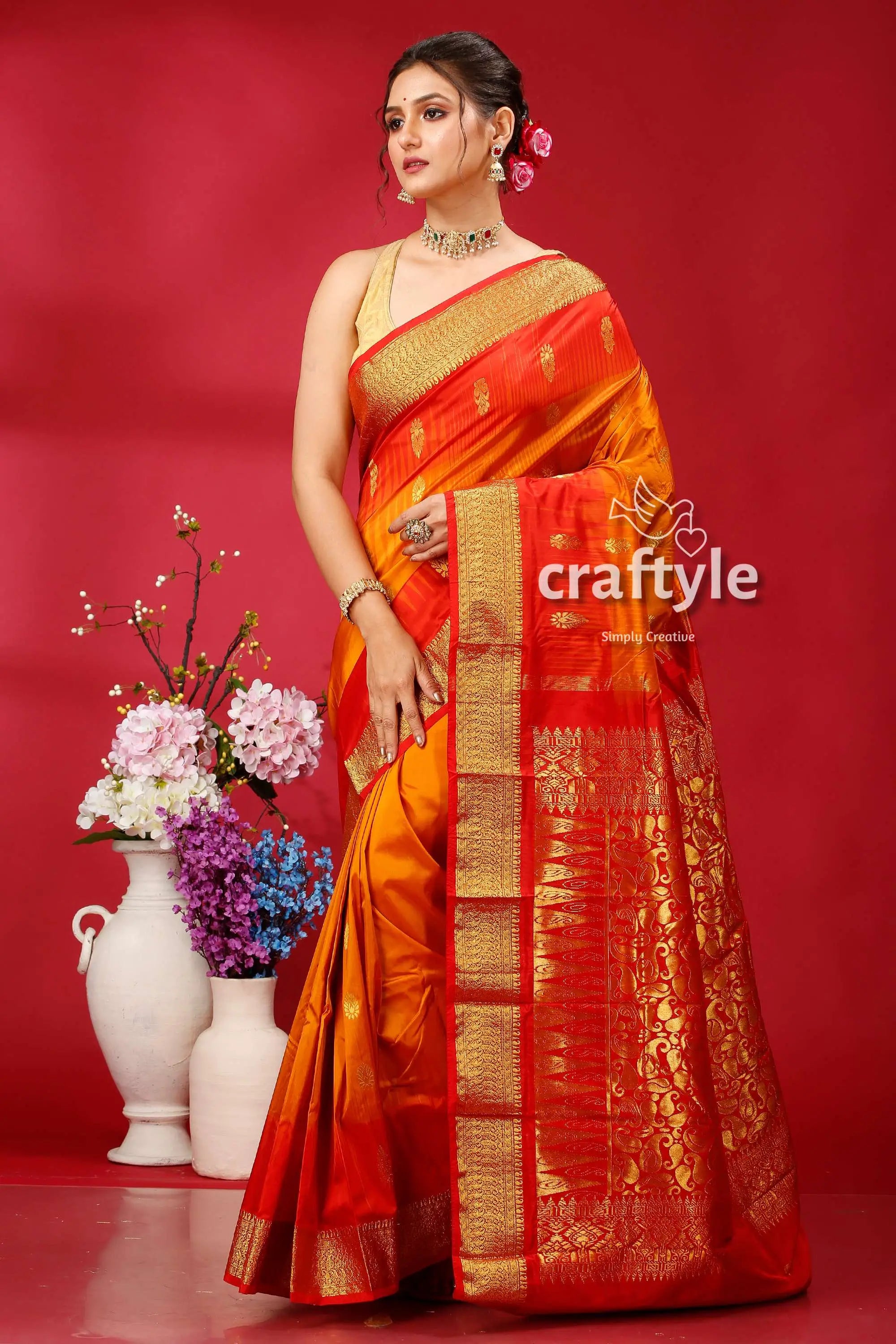 Spanish orange and red silk saree kanjivaram ethnic woman orange gold saree 3