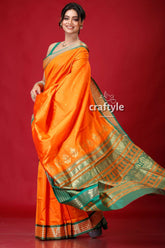 Spanish orange bomkai silk sari featuring golden zari border orange green silk saree 4